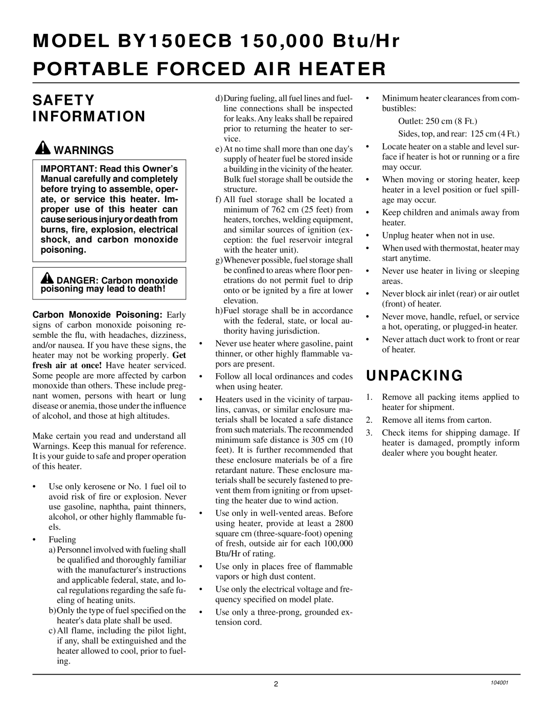 Desa 10BY150ECB owner manual Safety Information, Unpacking 