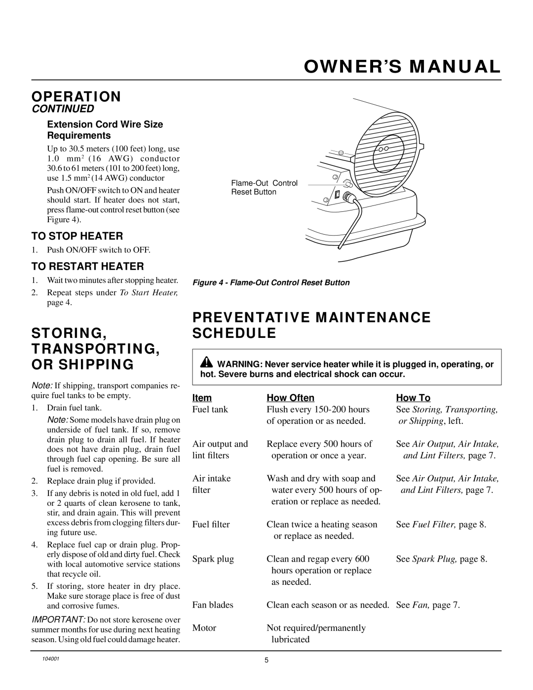 Desa 10BY150ECB Storing TRANSPORTING, or Shipping, Preventative Maintenance Schedule, To Stop Heater, To Restart Heater 