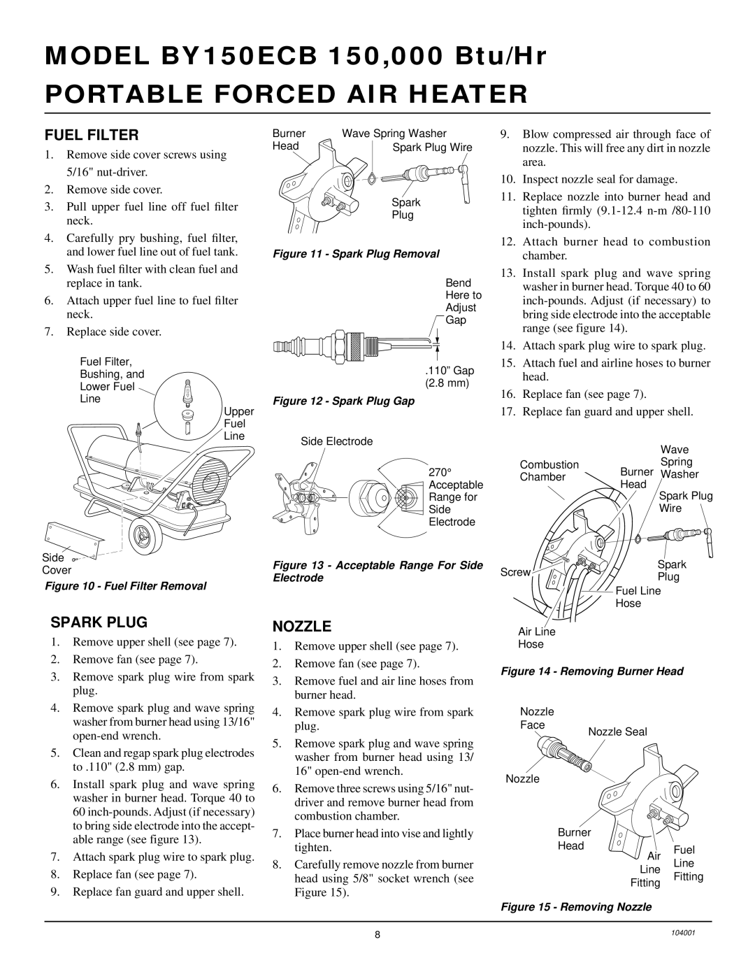 Desa 10BY150ECB owner manual Fuel Filter, Spark Plug, Nozzle 