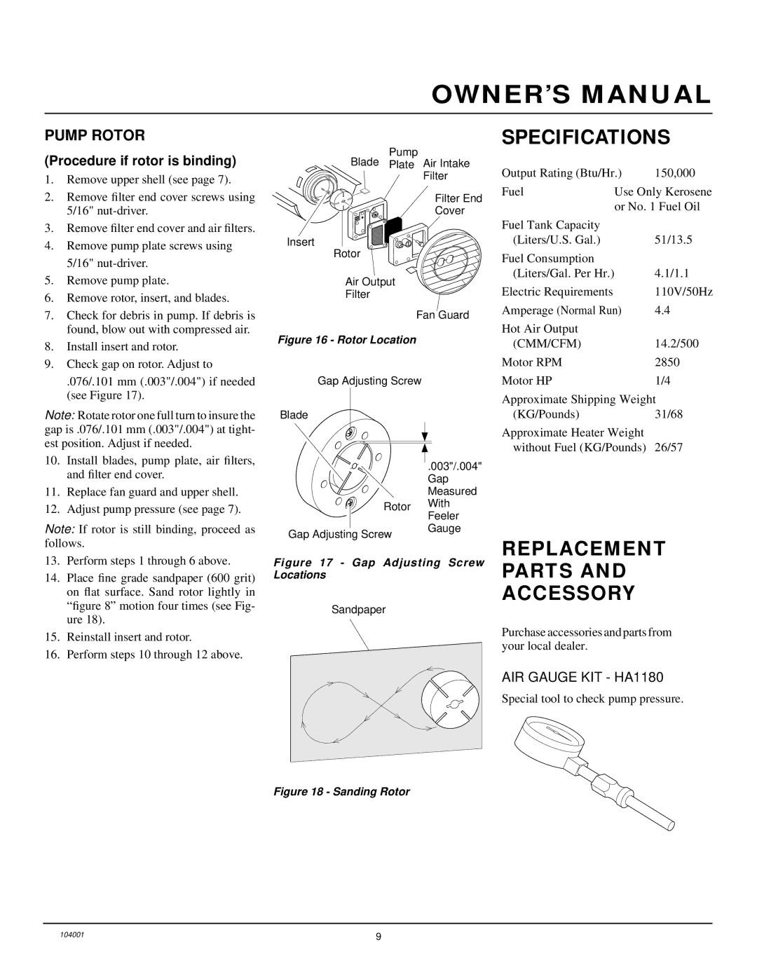 Desa 10BY150ECB owner manual Specifications, Replacement Parts and Accessory, Pump Rotor 