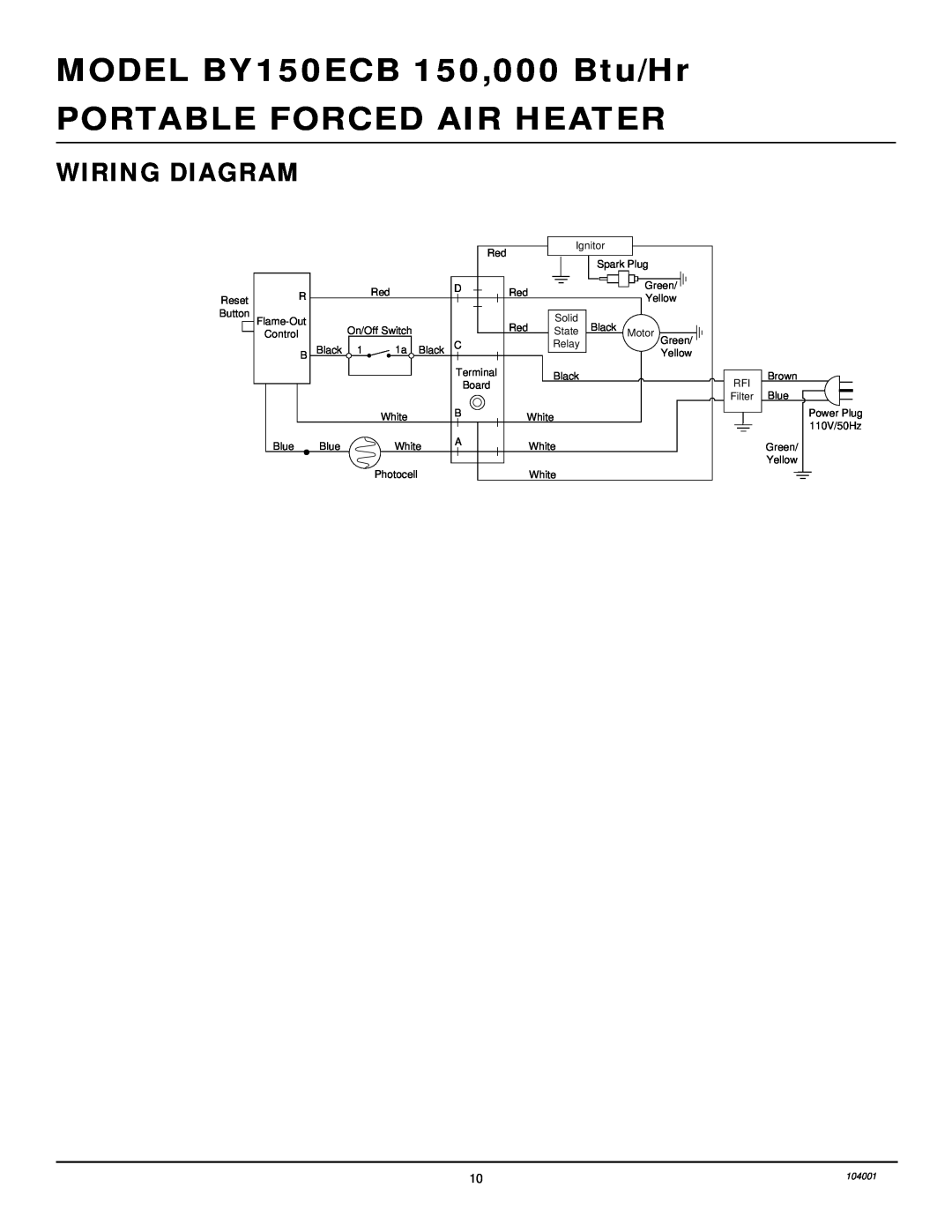 Desa 10BY150ECB owner manual Wiring Diagram, MODEL BY150ECB 150,000 Btu/Hr, Portable Forced Air Heater 