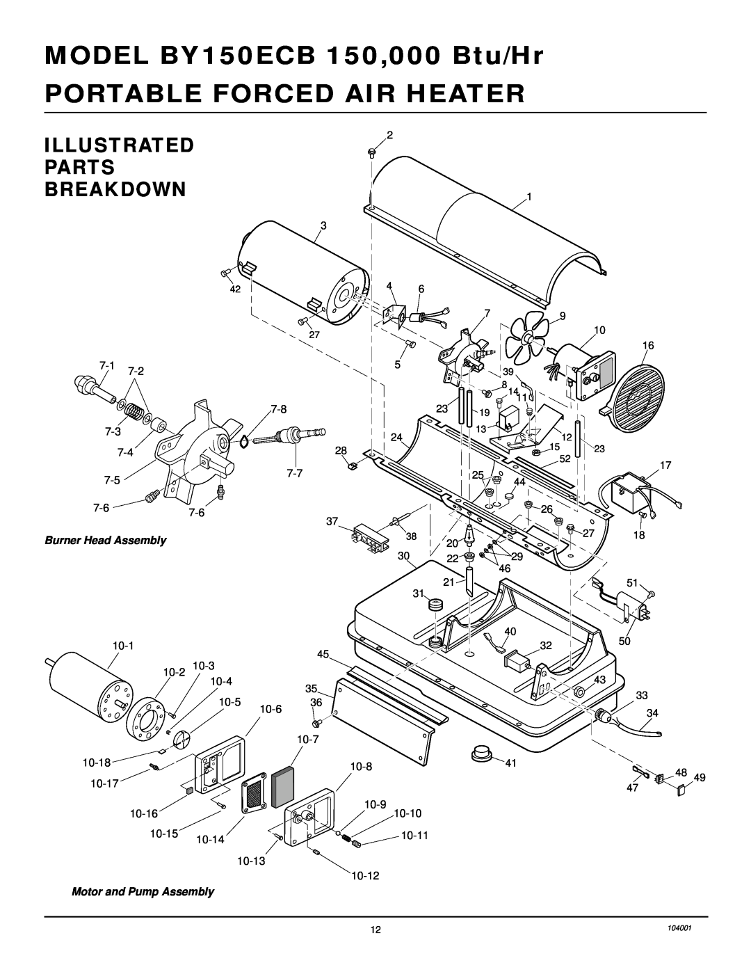 Desa 10BY150ECB owner manual Illustrated Parts Breakdown, MODEL BY150ECB 150,000 Btu/Hr, Portable Forced Air Heater 
