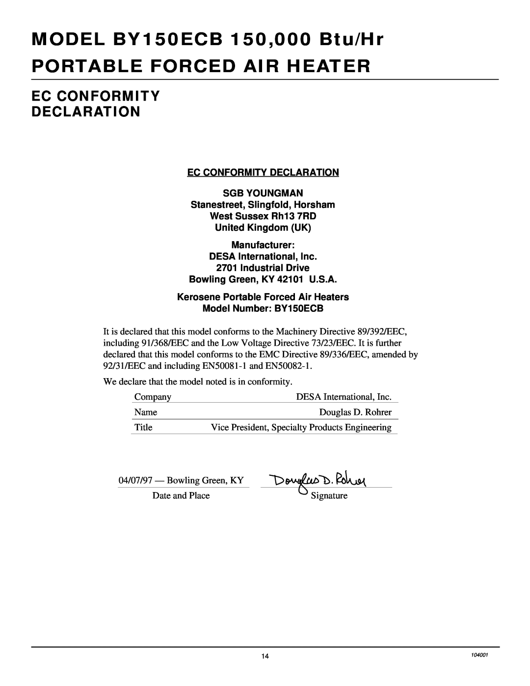 Desa 10BY150ECB owner manual Ec Conformity Declaration, MODEL BY150ECB 150,000 Btu/Hr, Portable Forced Air Heater 