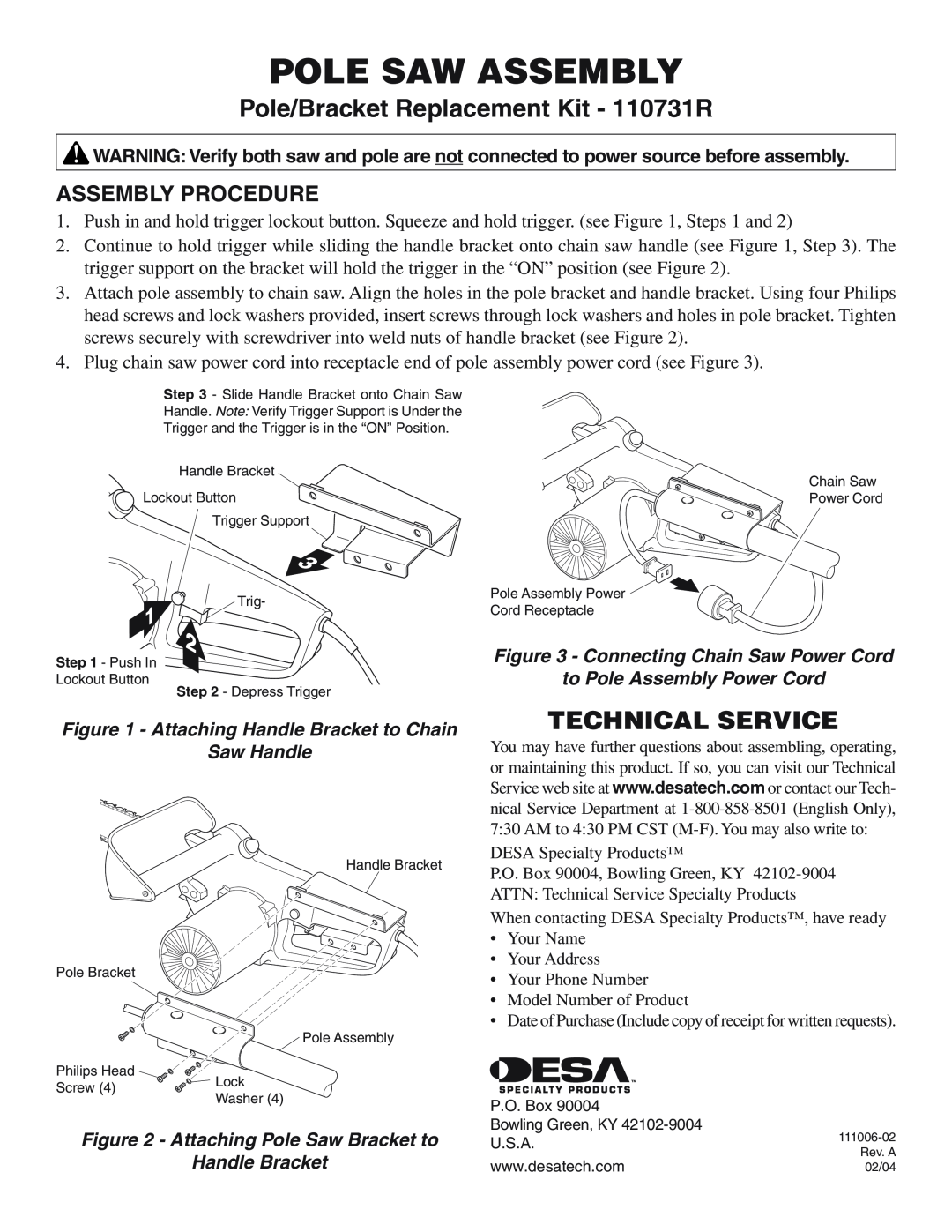 Desa manual Pole Saw Assembly, Pole/Bracket Replacement Kit - 110731R, Technical Service, Assembly Procedure 