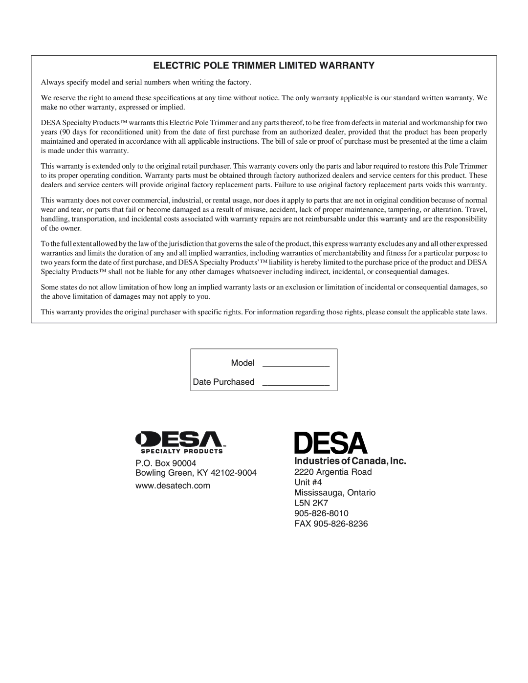 Desa 110946-01 owner manual Electric Pole Trimmer Limited Warranty, Industries of Canada, Inc 