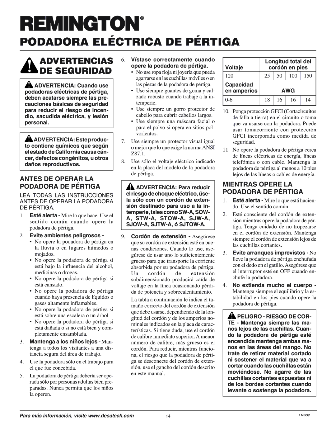 Desa 110946-01 Advertencias DE Seguridad, Antes DE Operar LA Podadora DE Pértiga, Mientras Opere LA Podadora DE Pértiga 