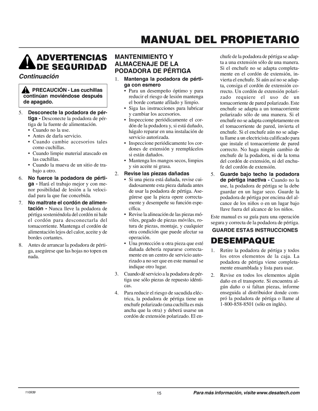 Desa 110946-01 owner manual Desempaque, Mantenimiento Y Almacenaje DE LA Podadora DE Pértiga, Revise las piezas dañadas 