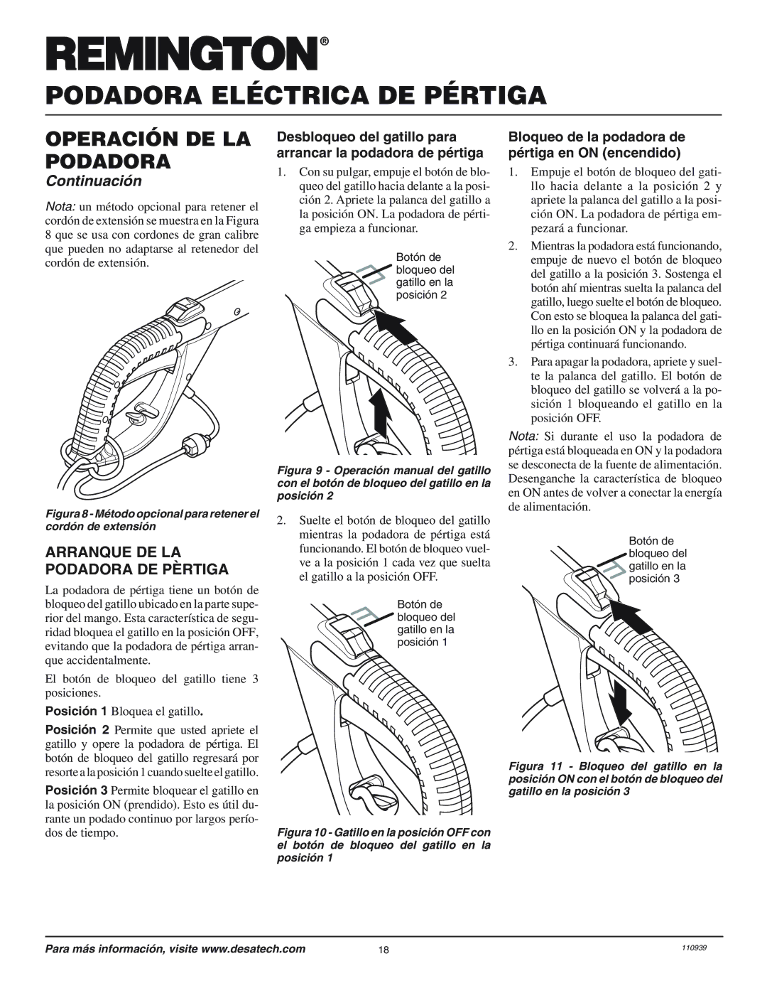 Desa 110946-01 owner manual Arranque DE LA Podadora DE Pèrtiga, Desbloqueo del gatillo para arrancar la podadora de pértiga 