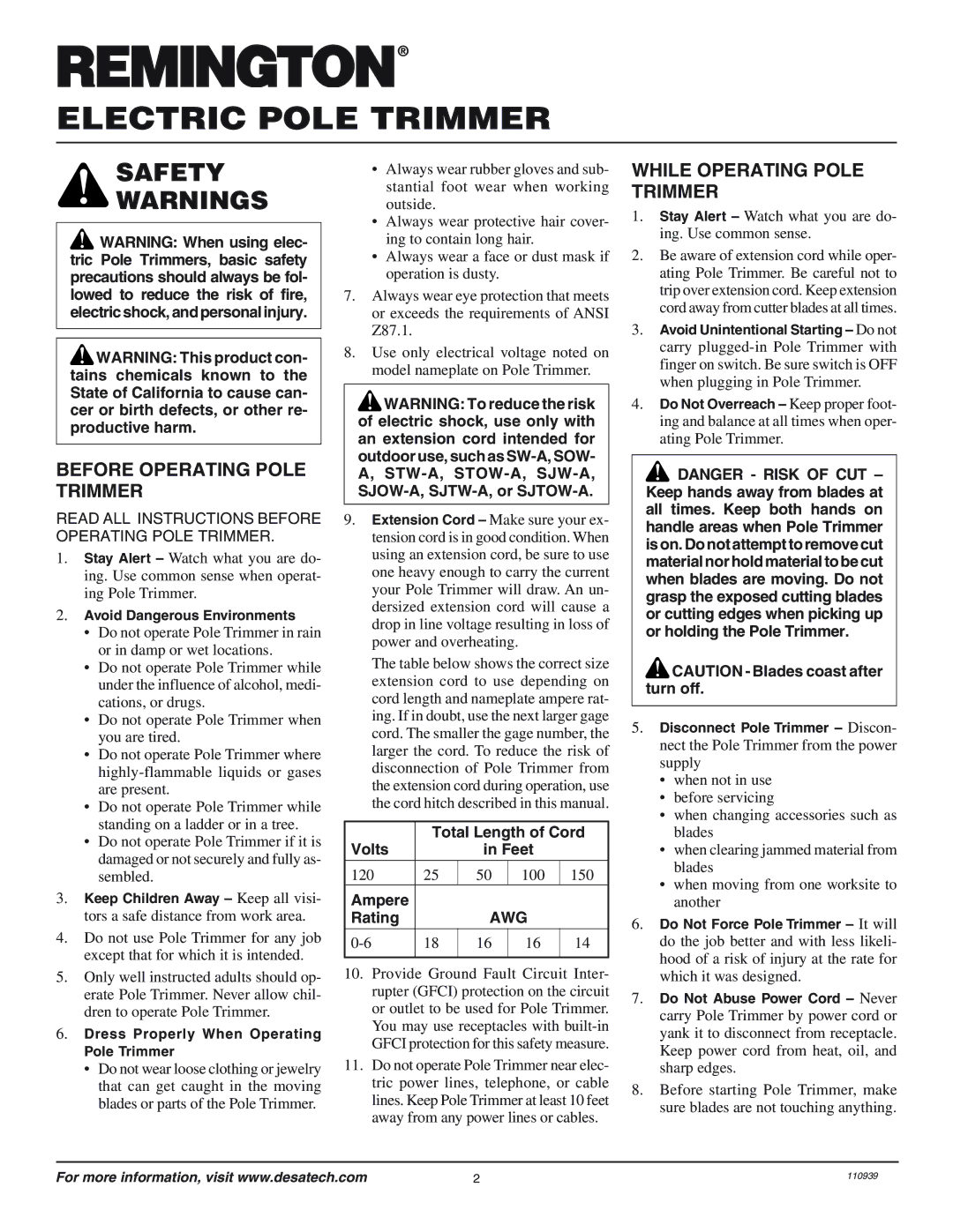 Desa 110946-01 owner manual Safety, Before Operating Pole Trimmer, While Operating Pole Trimmer 
