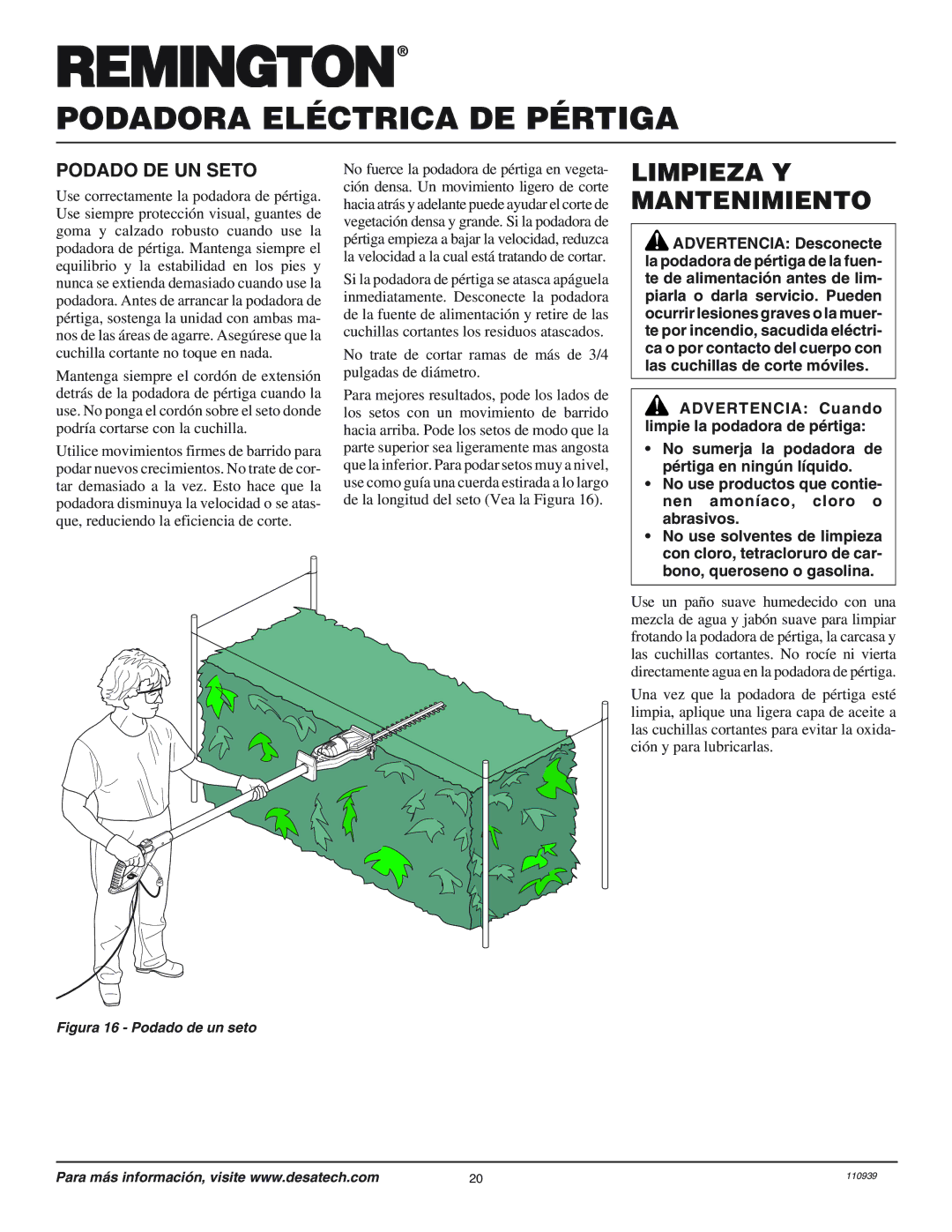 Desa 110946-01 owner manual Limpieza Y Mantenimiento, Podado DE UN Seto 