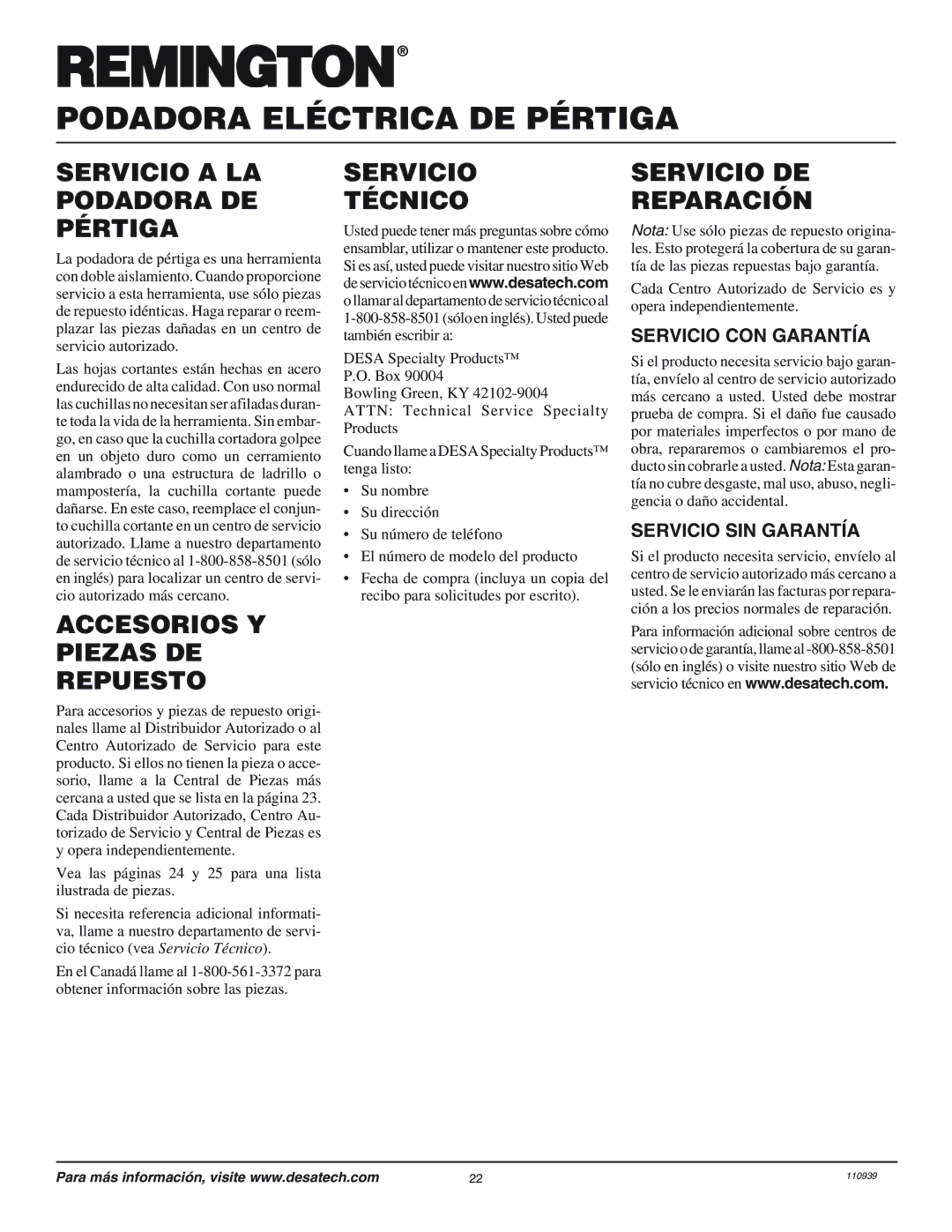 Desa 110946-01 owner manual Servicio a LA Podadora DE Pértiga, Accesorios Y Piezas DE Repuesto, Servicio Técnico 