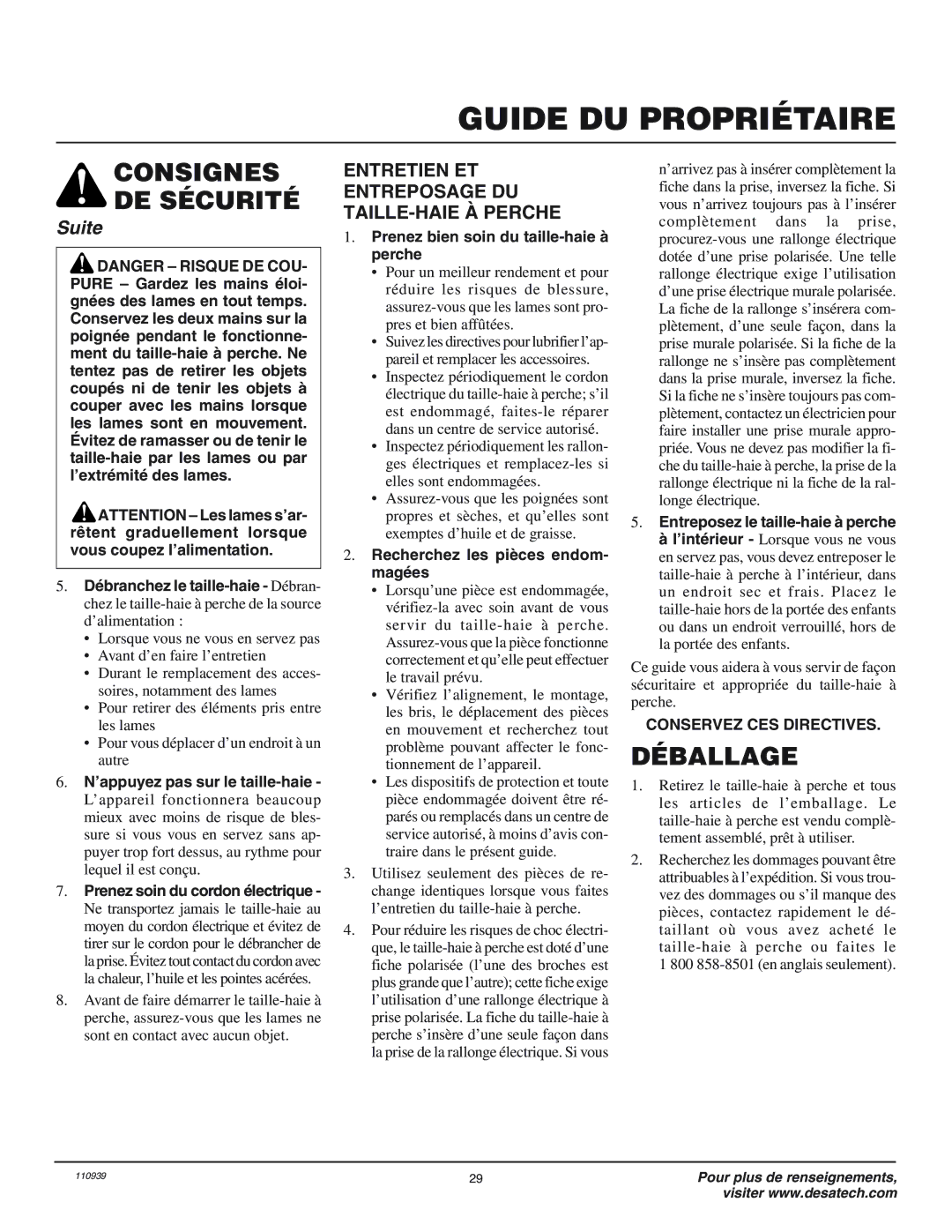 Desa 110946-01 owner manual Déballage, Entretien ET Entreposage DU TAILLE-HAIE À Perche 