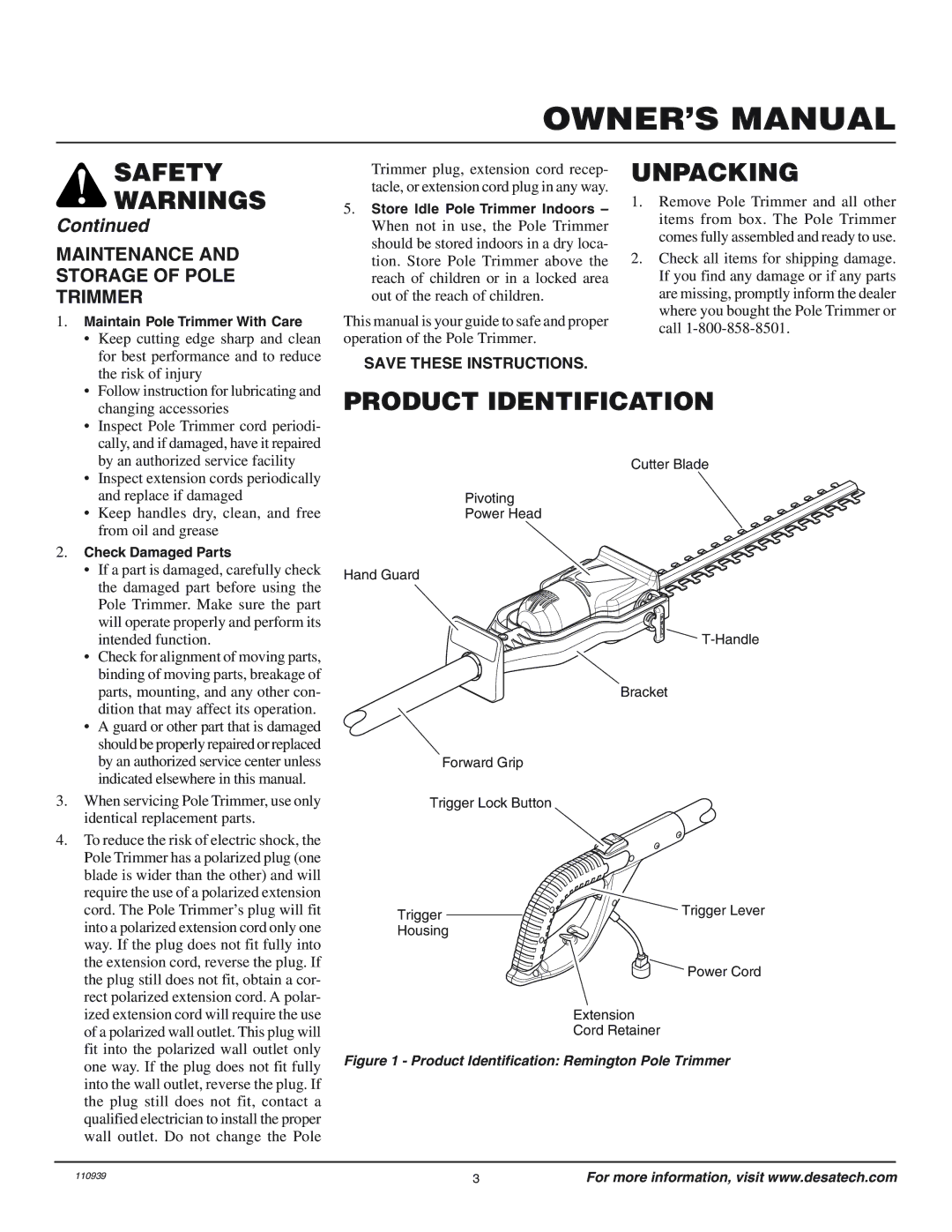 Desa 110946-01 owner manual Unpacking, Product Identification, Maintenance Storage of Pole Trimmer 