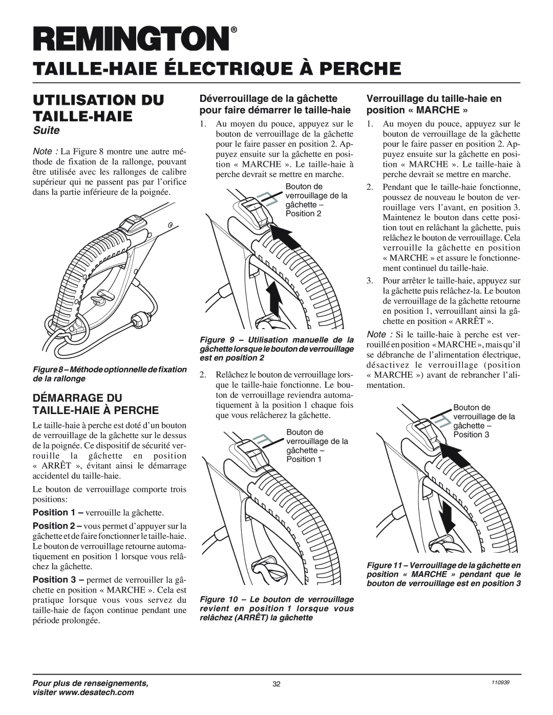 Desa 110946-01 owner manual Démarrage DU TAILLE-HAIE À Perche, Bouton de Verrouillage de la 