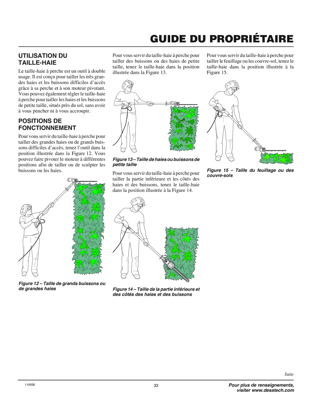 Desa 110946-01 owner manual Utilisation DU TAILLE-HAIE, Positions DE Fonctionnement 