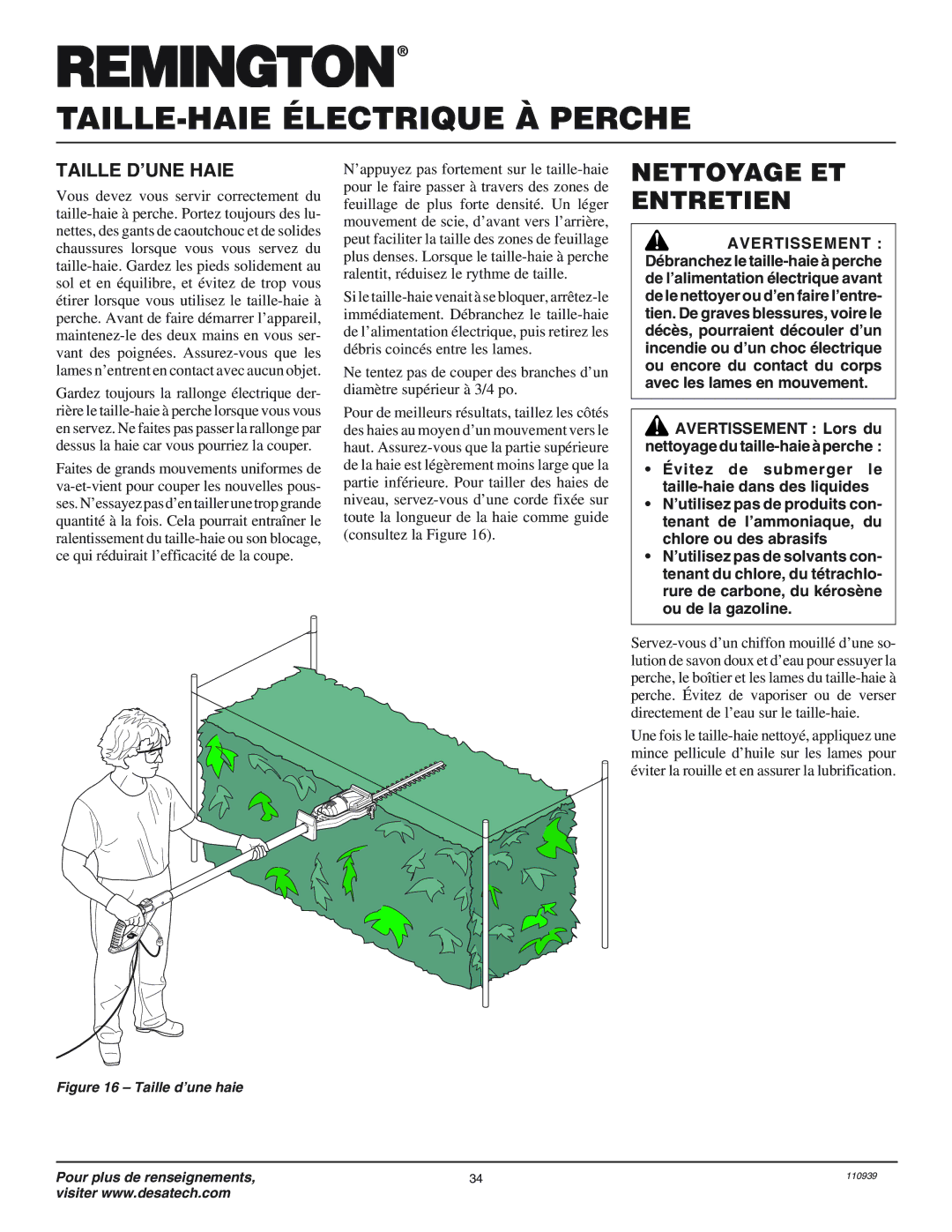 Desa 110946-01 owner manual Nettoyage ET Entretien, Taille D’UNE Haie 