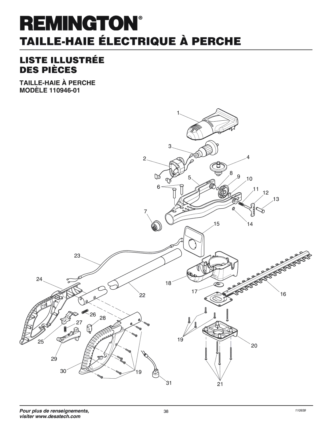 Desa 110946-01 owner manual Liste Illustrée DES Pièces, TAILLE-HAIE À Perche 