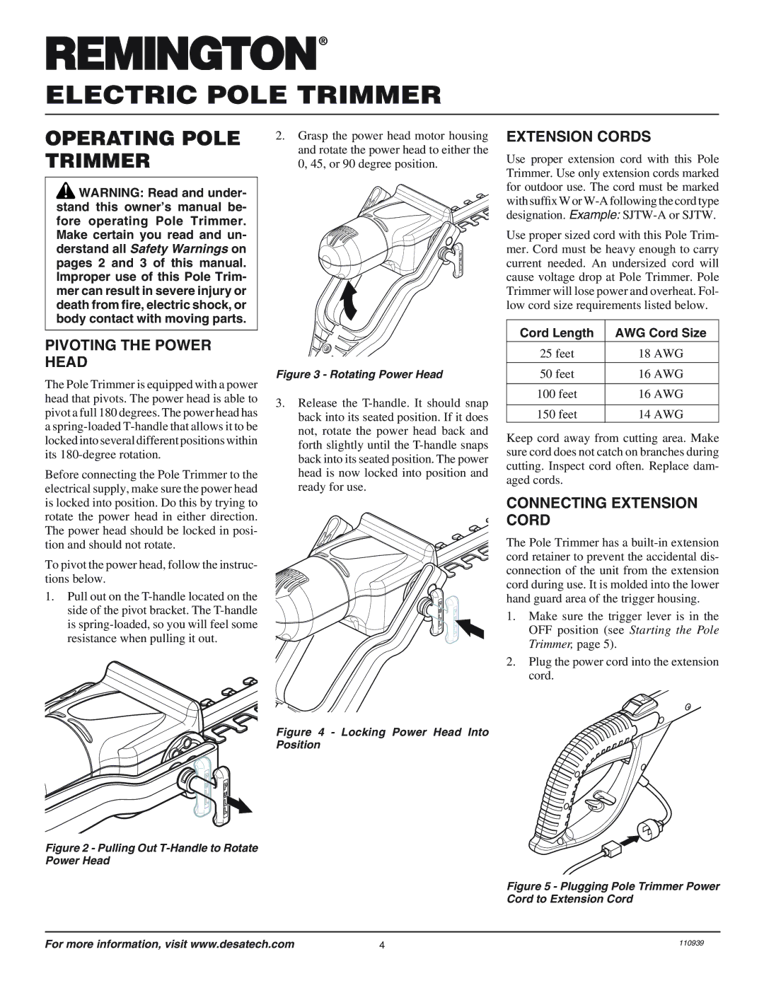 Desa 110946-01 owner manual Operating Pole Trimmer, Pivoting the Power Head, Extension Cords, Connecting Extension Cord 