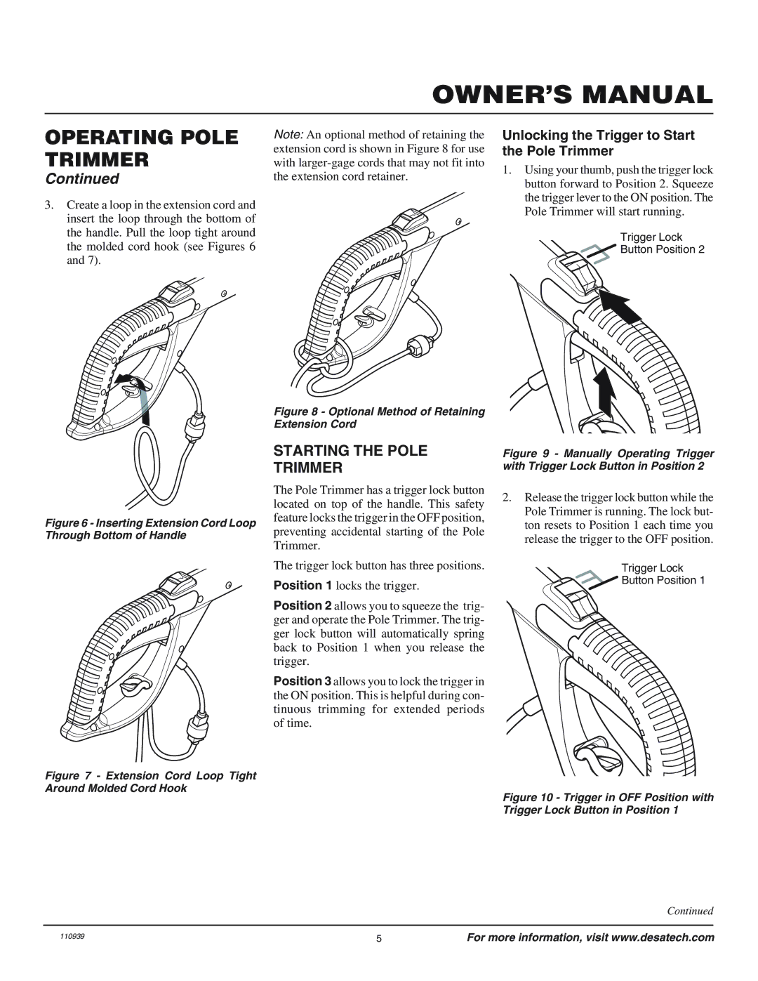 Desa 110946-01 owner manual Starting the Pole Trimmer, Unlocking the Trigger to Start the Pole Trimmer 