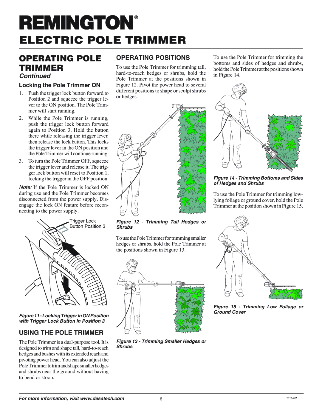 Desa 110946-01 owner manual Using the Pole Trimmer, Operating Positions 