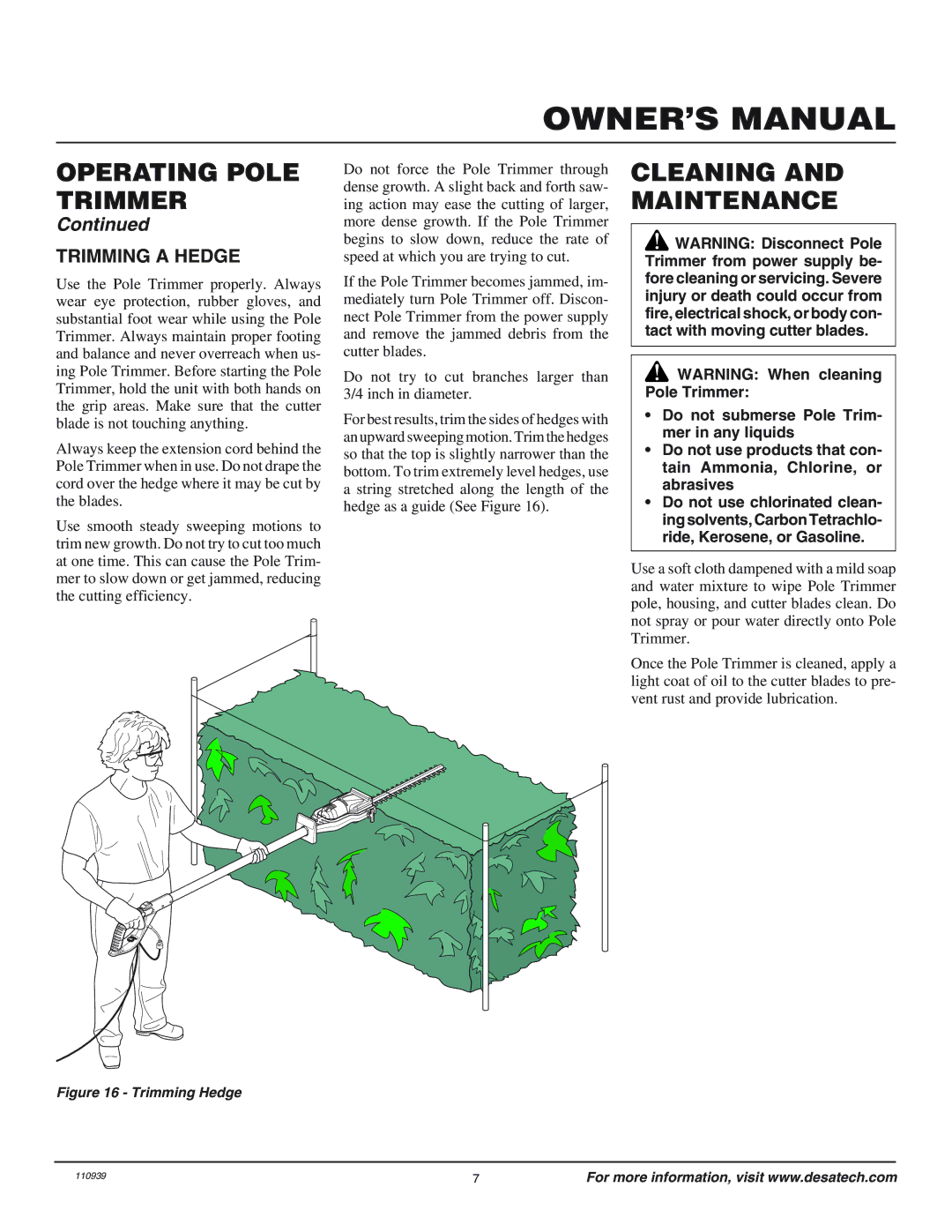 Desa 110946-01 owner manual Cleaning and Maintenance, Trimming a Hedge 