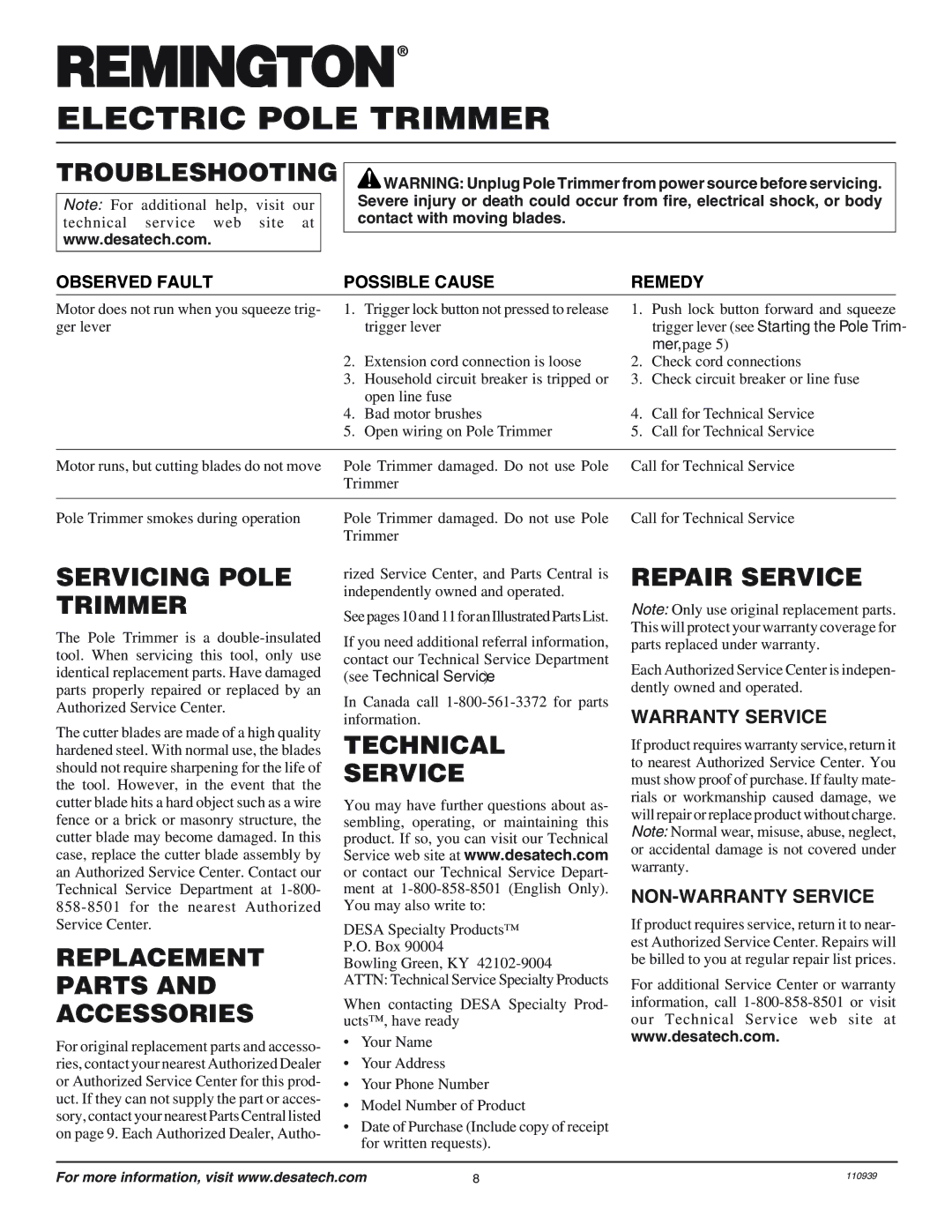 Desa 110946-01 owner manual Troubleshooting, Servicing Pole Trimmer, Replacement Parts and Accessories, Technical Service 