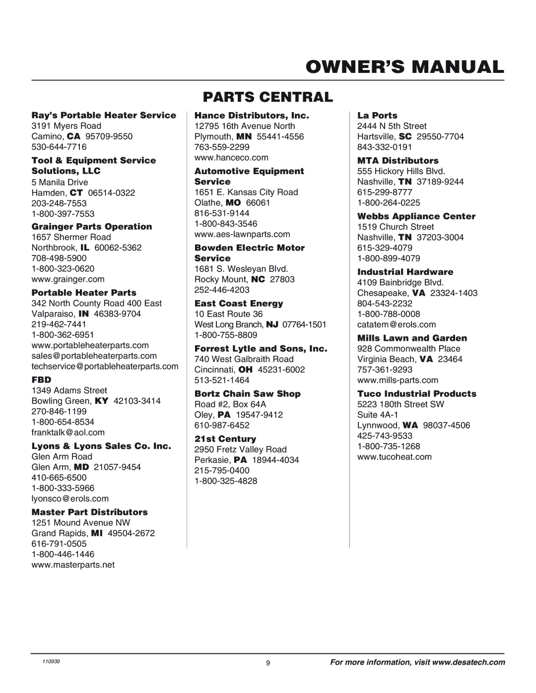 Desa 110946-01 owner manual Parts Central 