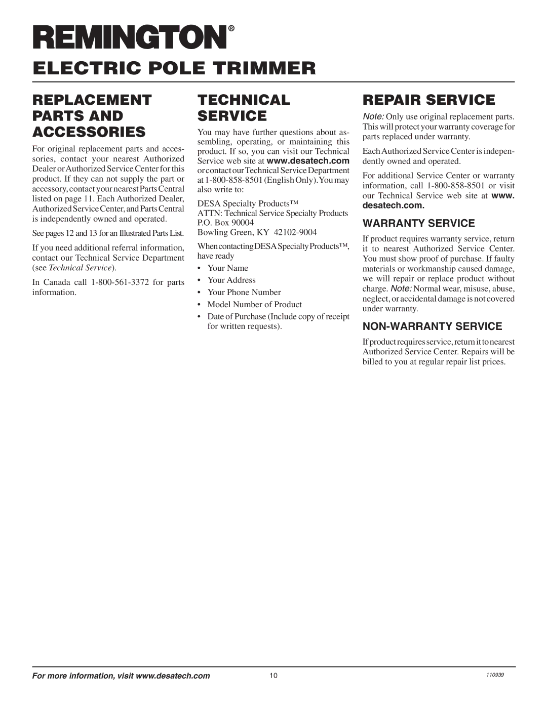 Desa 110946-01A owner manual Replacement Parts and Accessories, Technical Service, Repair Service, Warranty Service 