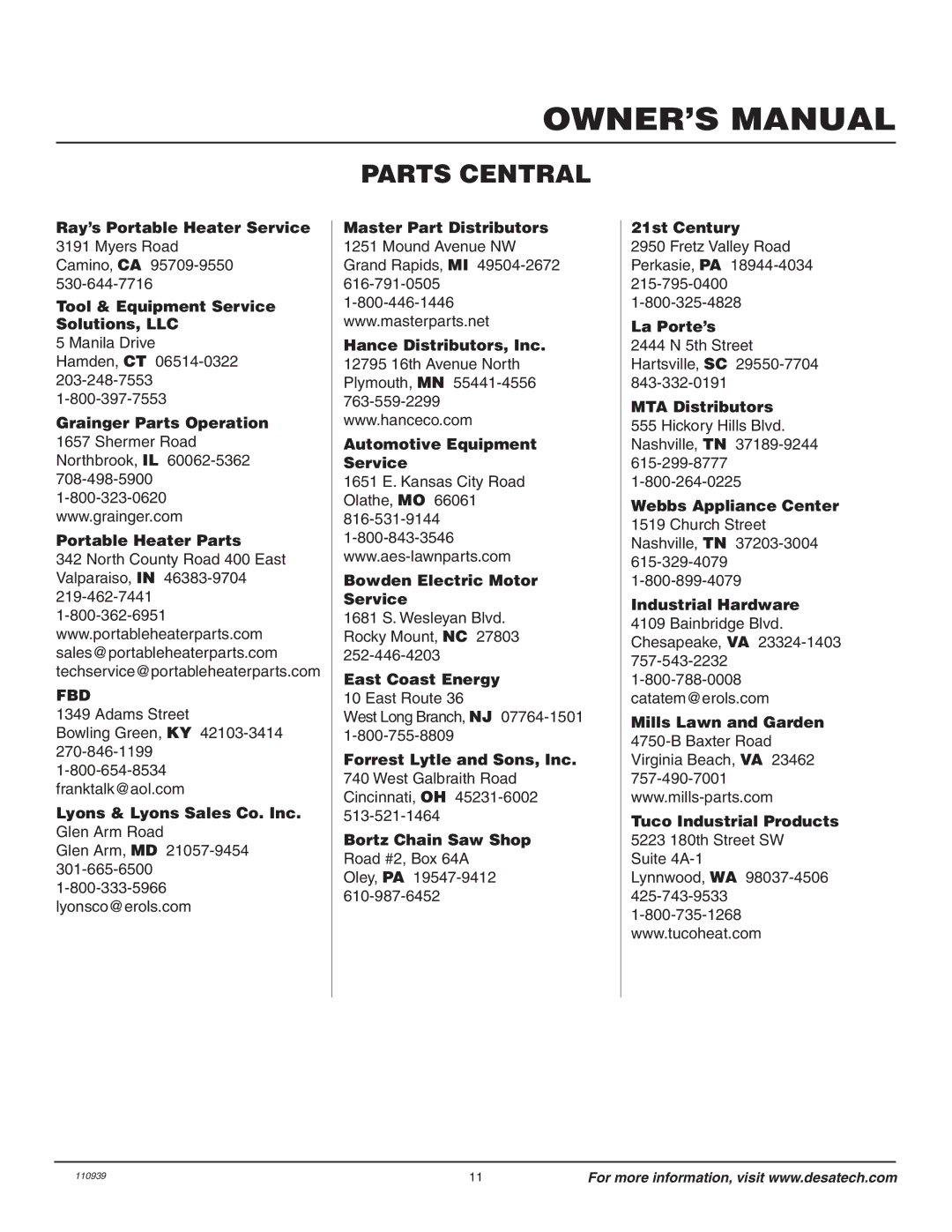 Desa 110946-01A owner manual Parts Central 