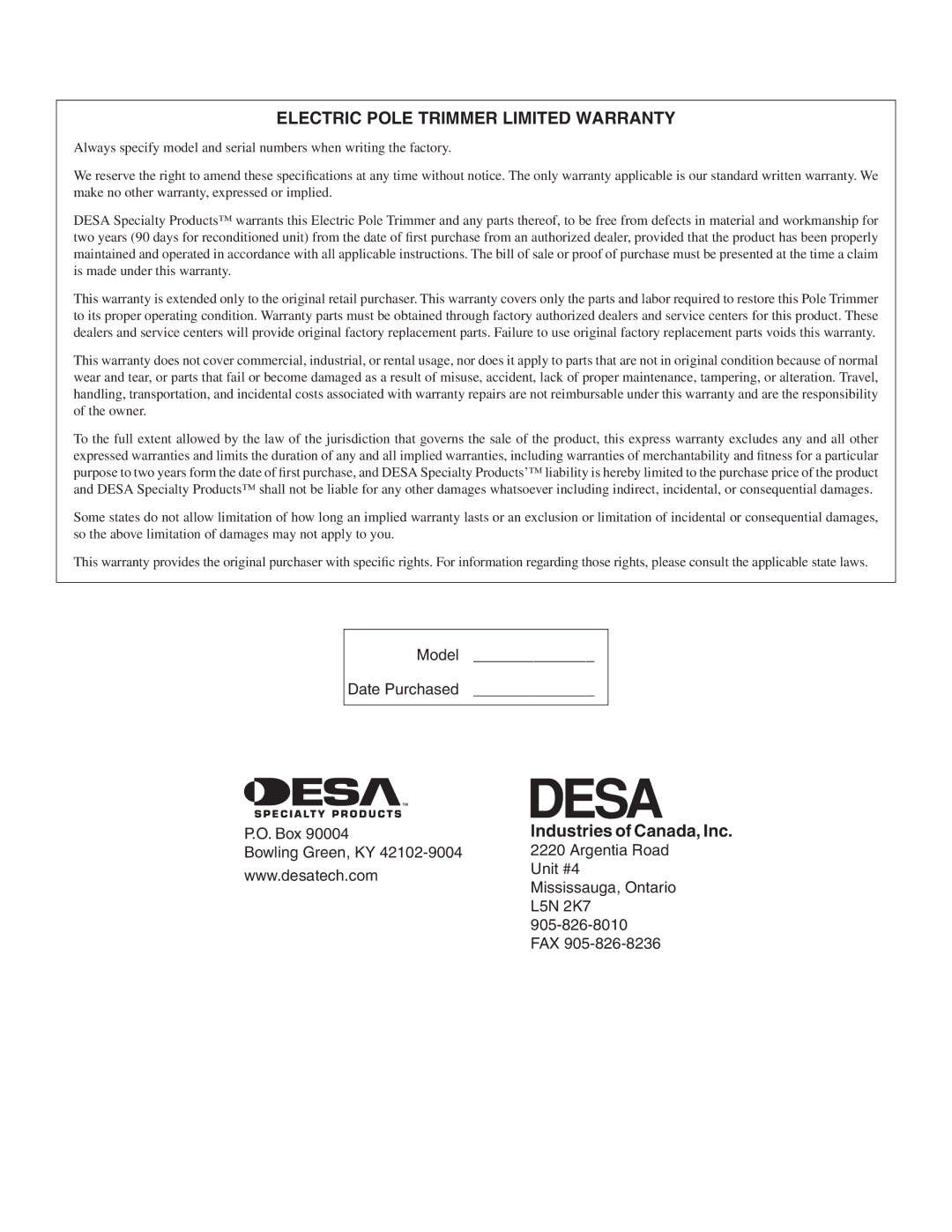 Desa 110946-01A owner manual Electric Pole Trimmer Limited Warranty, Industries of Canada, Inc 