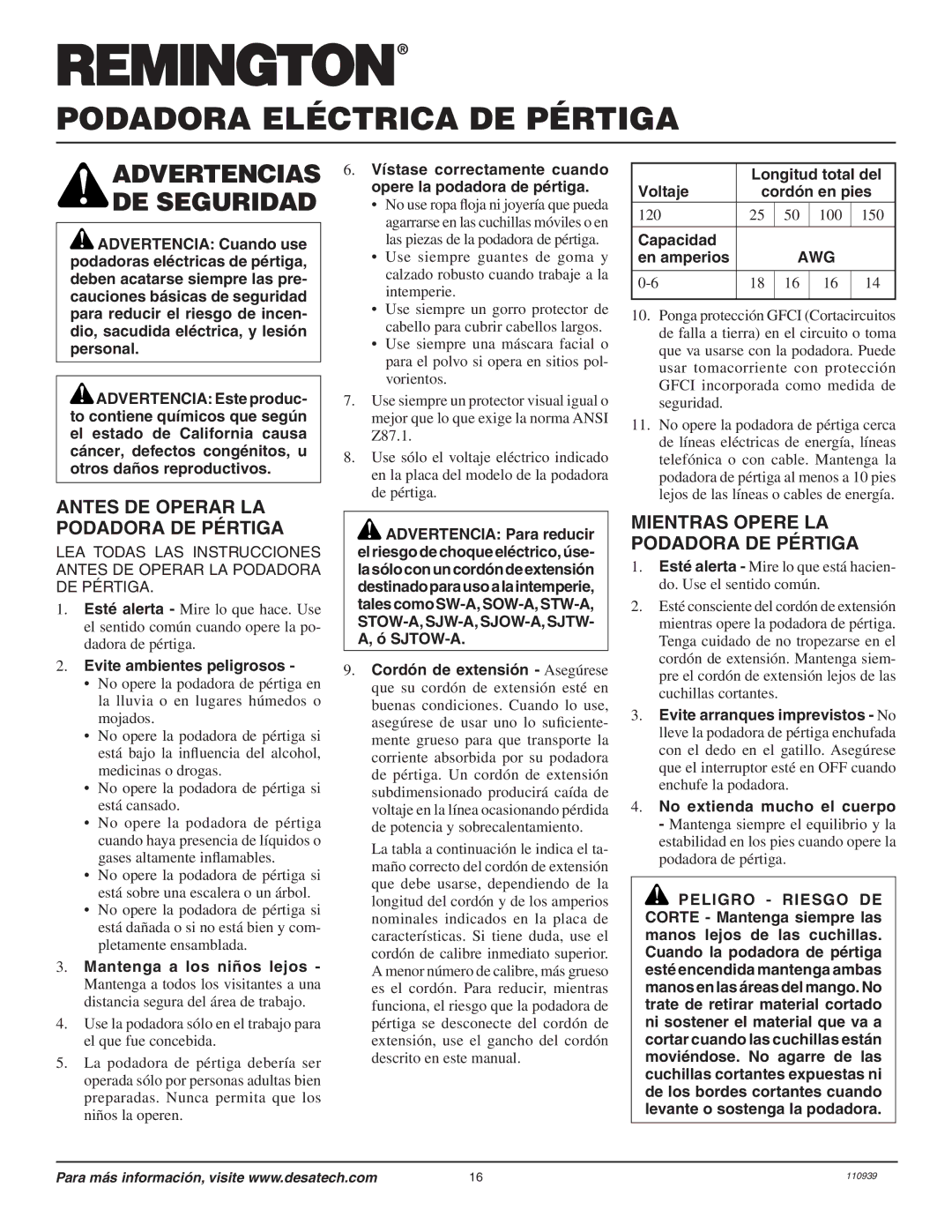 Desa 110946-01A Advertencias DE Seguridad, Antes DE Operar LA Podadora DE Pértiga, Mientras Opere LA Podadora DE Pértiga 