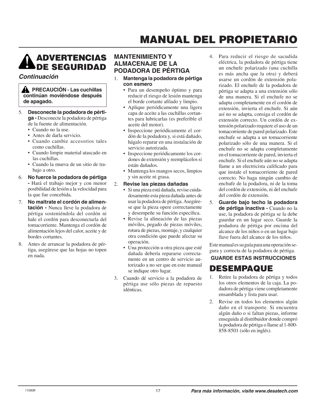 Desa 110946-01A owner manual Desempaque, Mantenimiento Y Almacenaje DE LA Podadora DE Pértiga, Revise las piezas dañadas 