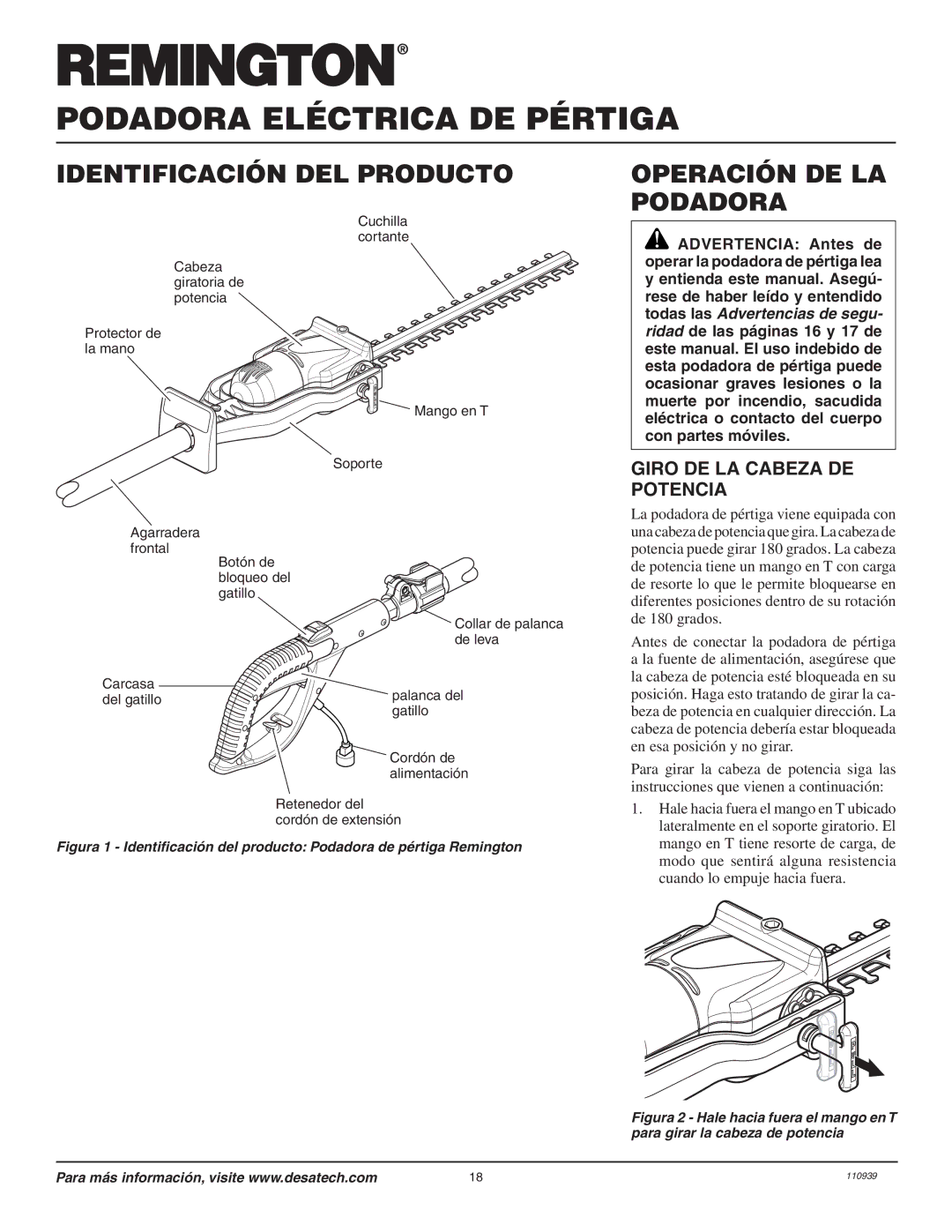 Desa 110946-01A owner manual Identificación DEL Producto, Operación DE LA Podadora, Giro DE LA Cabeza DE Potencia 