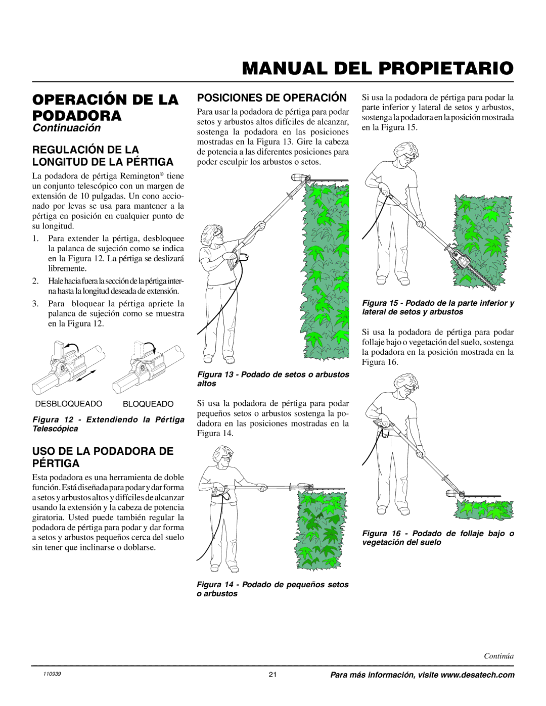 Desa 110946-01A Regulación DE LA Longitud DE LA Pértiga, Posiciones DE Operación, USO DE LA Podadora DE Pértiga 