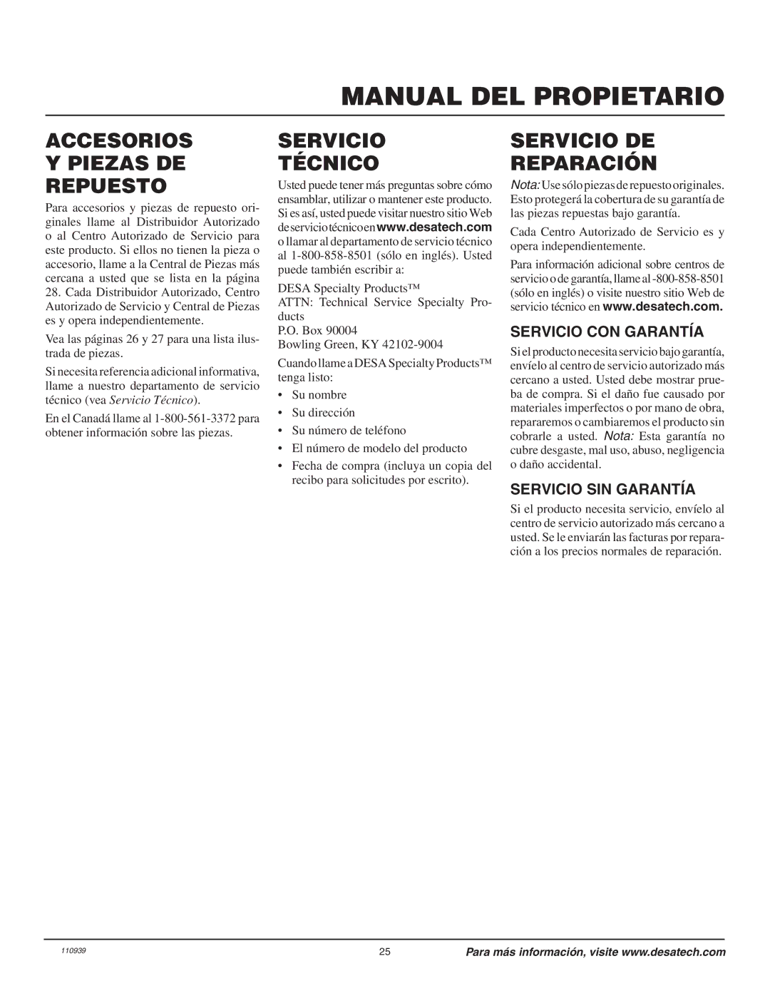 Desa 110946-01A owner manual Accesorios Piezas DE Repuesto, Servicio Técnico, Servicio DE Reparación, Servicio CON Garantía 