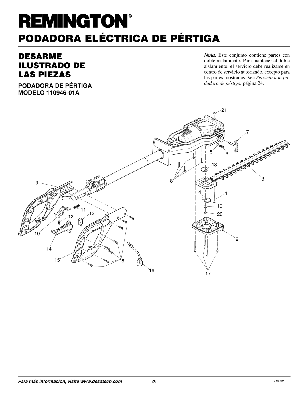 Desa owner manual Desarme Ilustrado DE LAS Piezas, Podadora DE Pértiga Modelo 110946-01A 