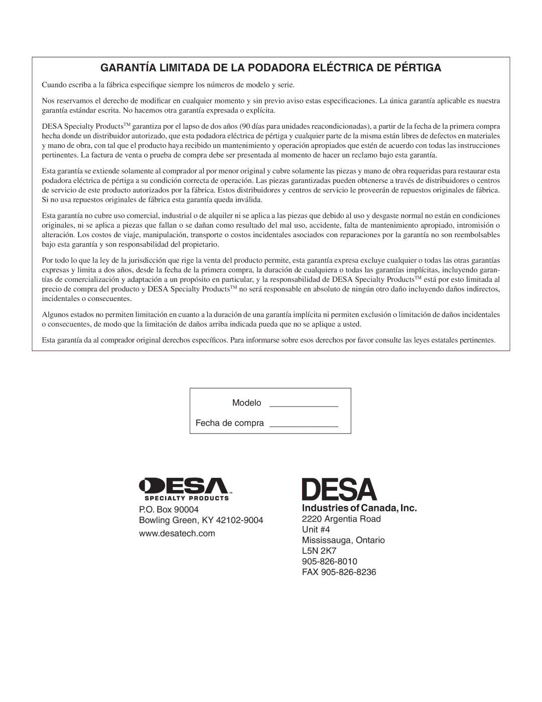 Desa 110946-01A owner manual Garantía Limitada DE LA Podadora Eléctrica DE Pértiga, Industries of Canada, Inc 