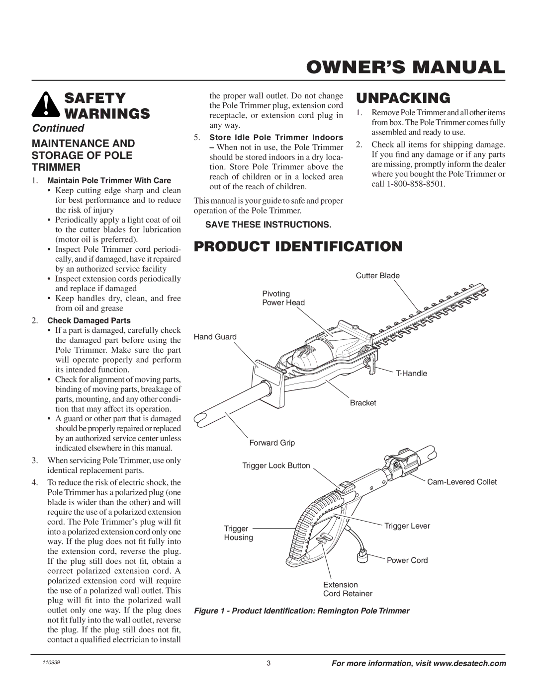 Desa 110946-01A owner manual Unpacking, Product Identification, Maintenance Storage of Pole Trimmer 