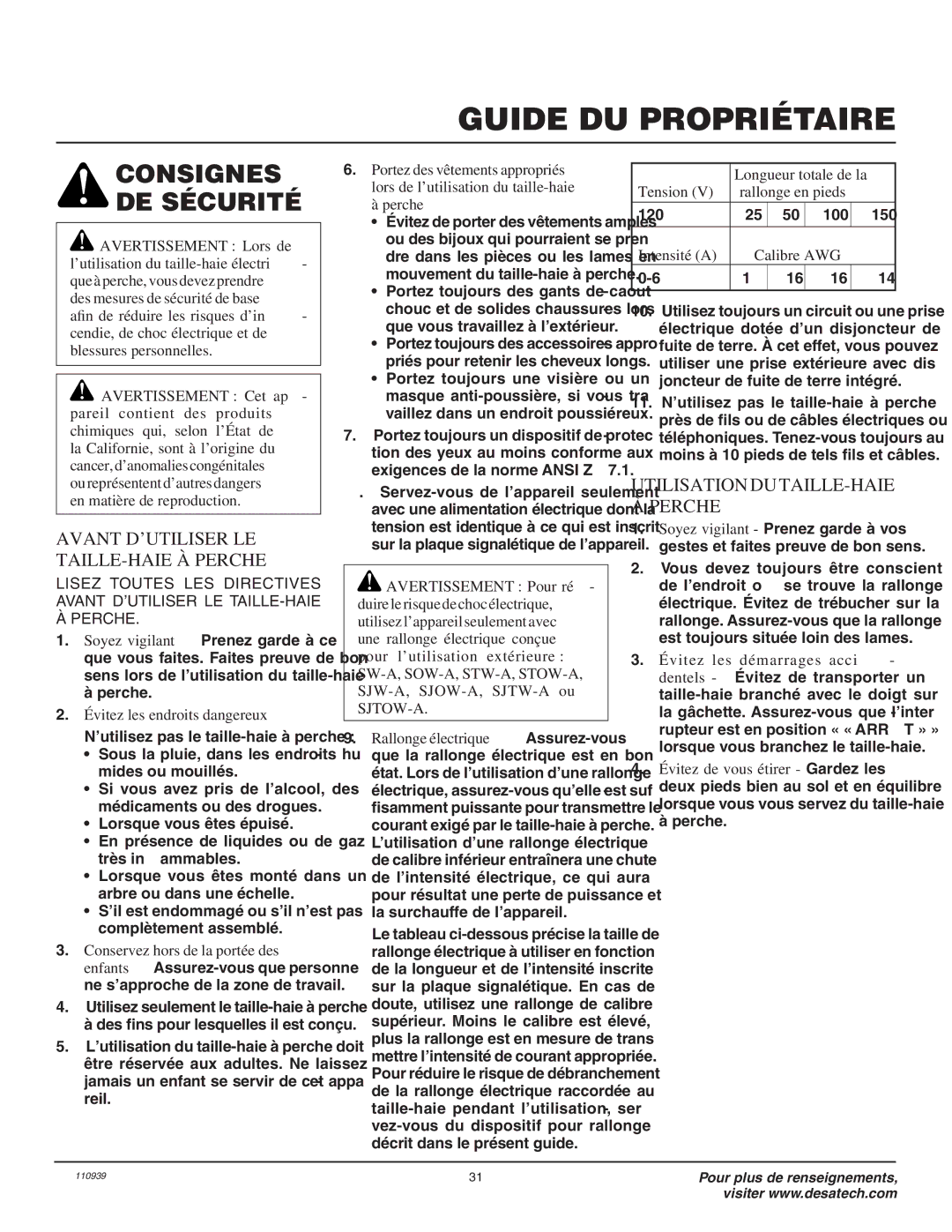 Desa 110946-01A Consignes DE Sécurité, Avant D’UTILISER LE TAILLE-HAIE À Perche, Utilisation DU TAILLE-HAIE À Perche 