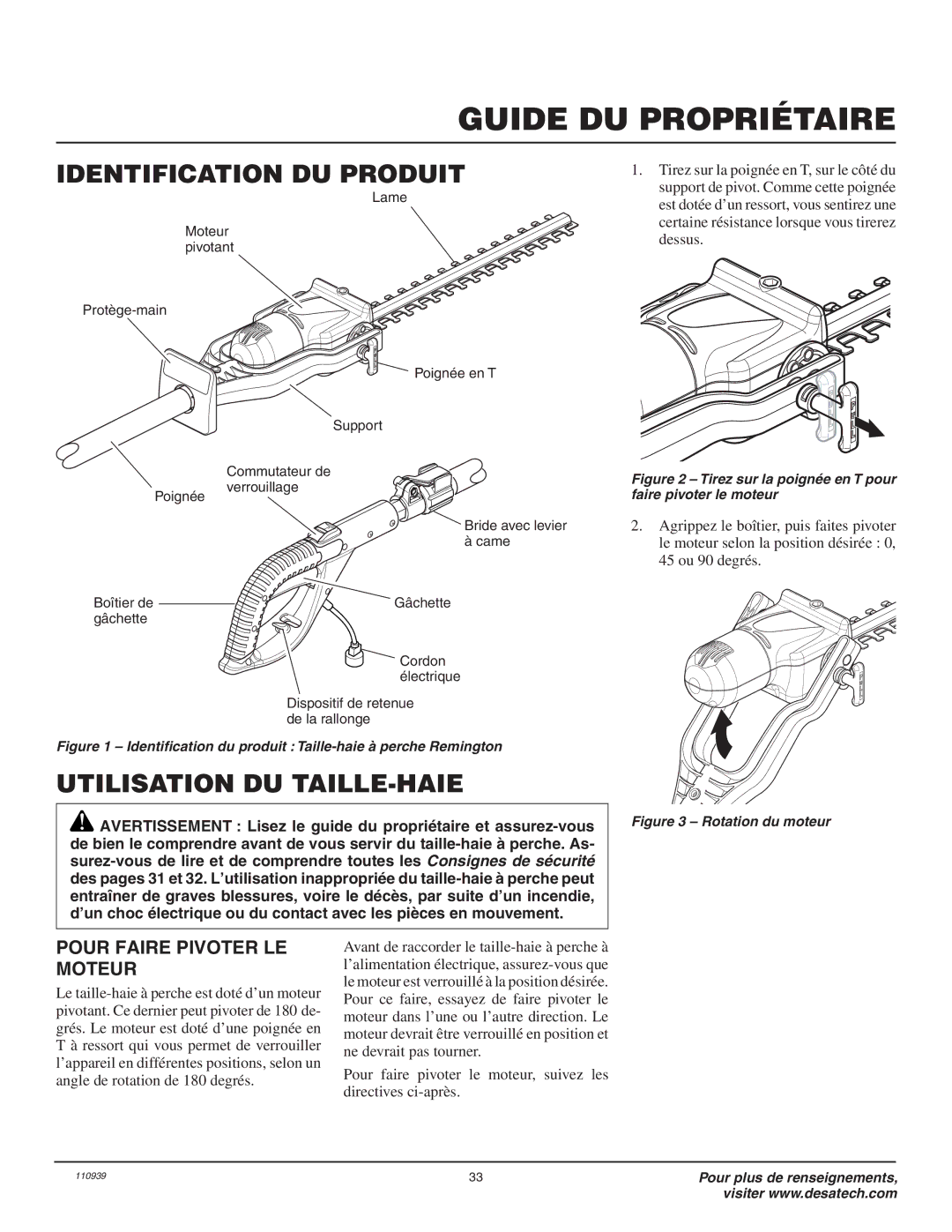 Desa 110946-01A owner manual Identification DU Produit, Utilisation DU TAILLE-HAIE, Pour Faire Pivoter LE Moteur 