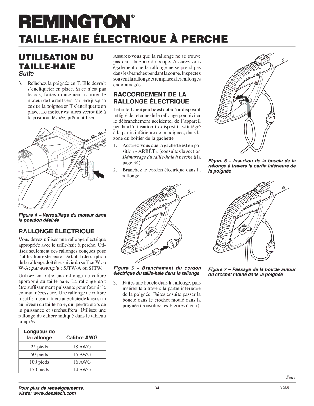 Desa 110946-01A owner manual Raccordement DE LA Rallonge Électrique, Longueur de, Pieds 18 AWG 16 AWG 14 AWG 