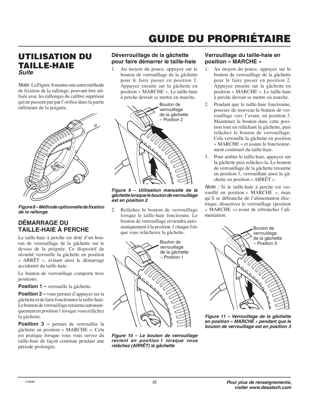 Desa 110946-01A owner manual Démarrage DU TAILLE-HAIE À Perche, Verrouillage du taille-haie en position « Marche » 