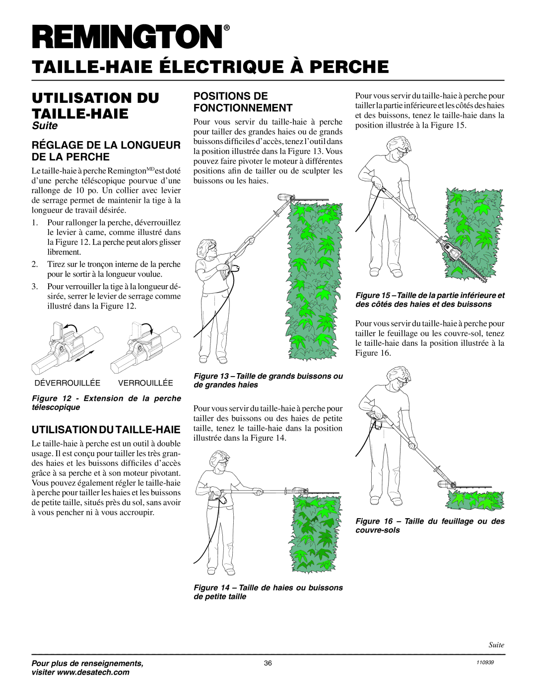 Desa 110946-01A owner manual Réglage DE LA Longueur DE LA Perche, Positions DE Fonctionnement, Utilisation DU TAILLE-HAIE 