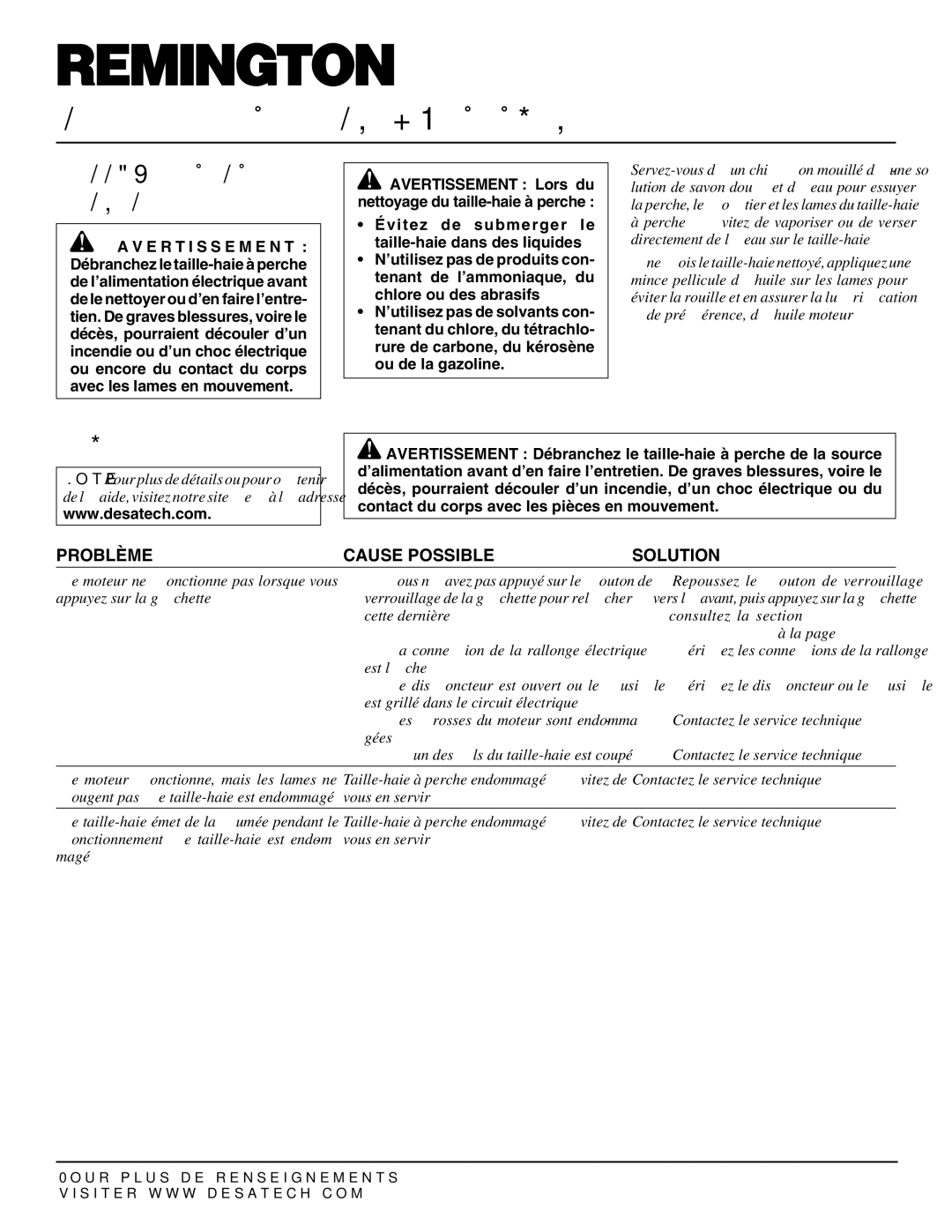 Desa 110946-01A owner manual Nettoyage ET Entretien, Dépannage, Le moteur ne fonctionne pas lorsque vous 