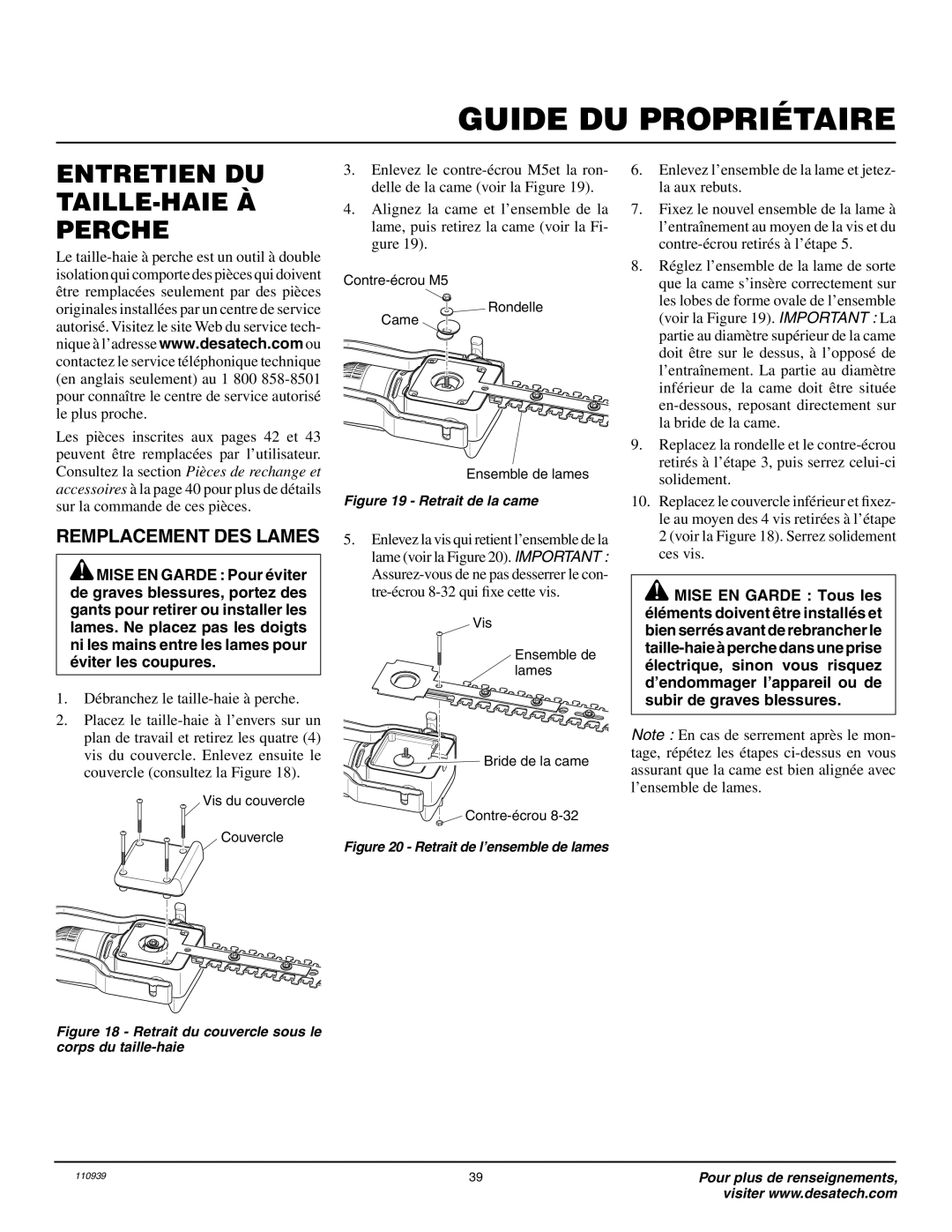 Desa 110946-01A owner manual Entretien DU TAILLE-HAIE À Perche, Remplacement DES Lames 