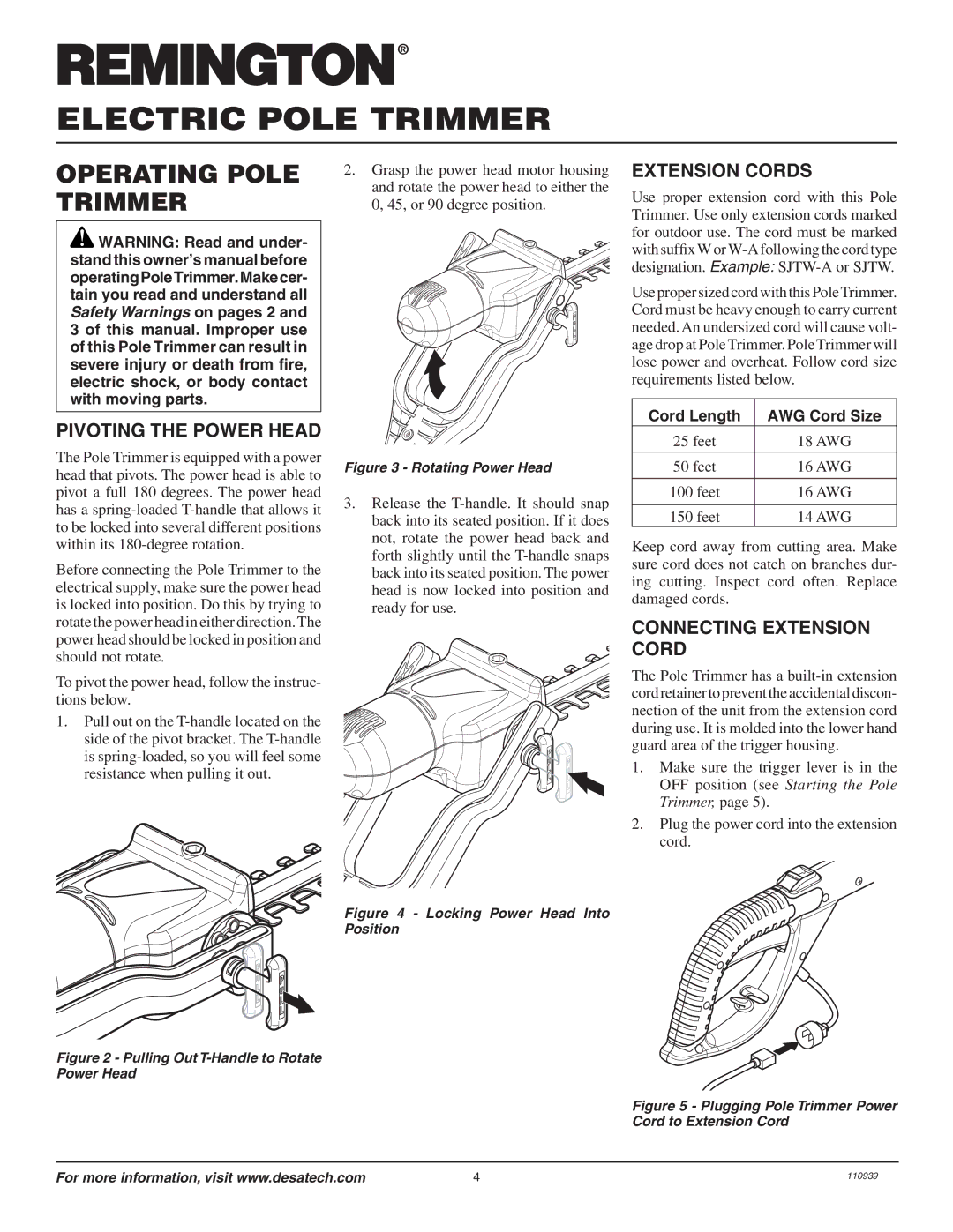 Desa 110946-01A owner manual Operating Pole Trimmer, Pivoting the Power Head, Extension Cords, Connecting Extension Cord 