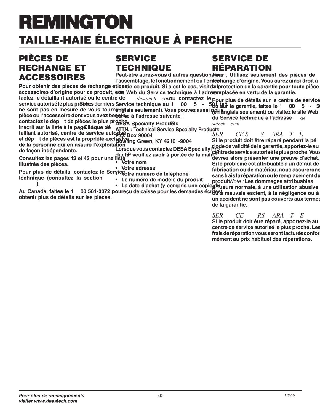 Desa 110946-01A Pièces DE Rechange ET Accessoires, Service Technique, Service DE Réparation, Service Sous Garantie 