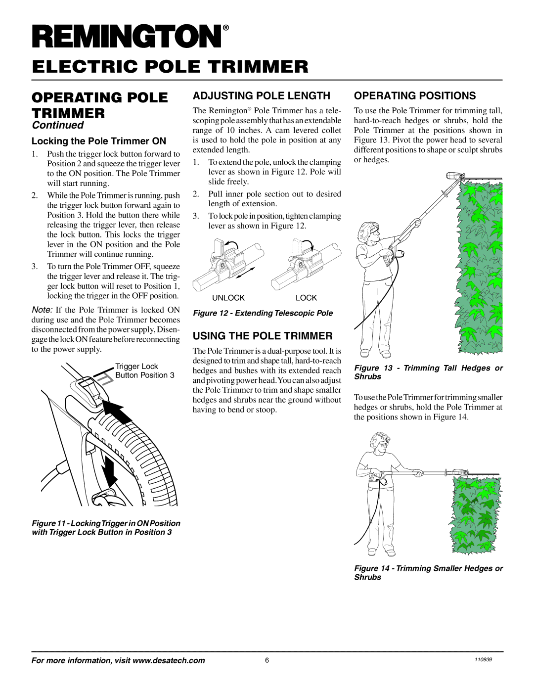 Desa 110946-01A owner manual Adjusting Pole Length, Using the Pole Trimmer, Operating Positions 