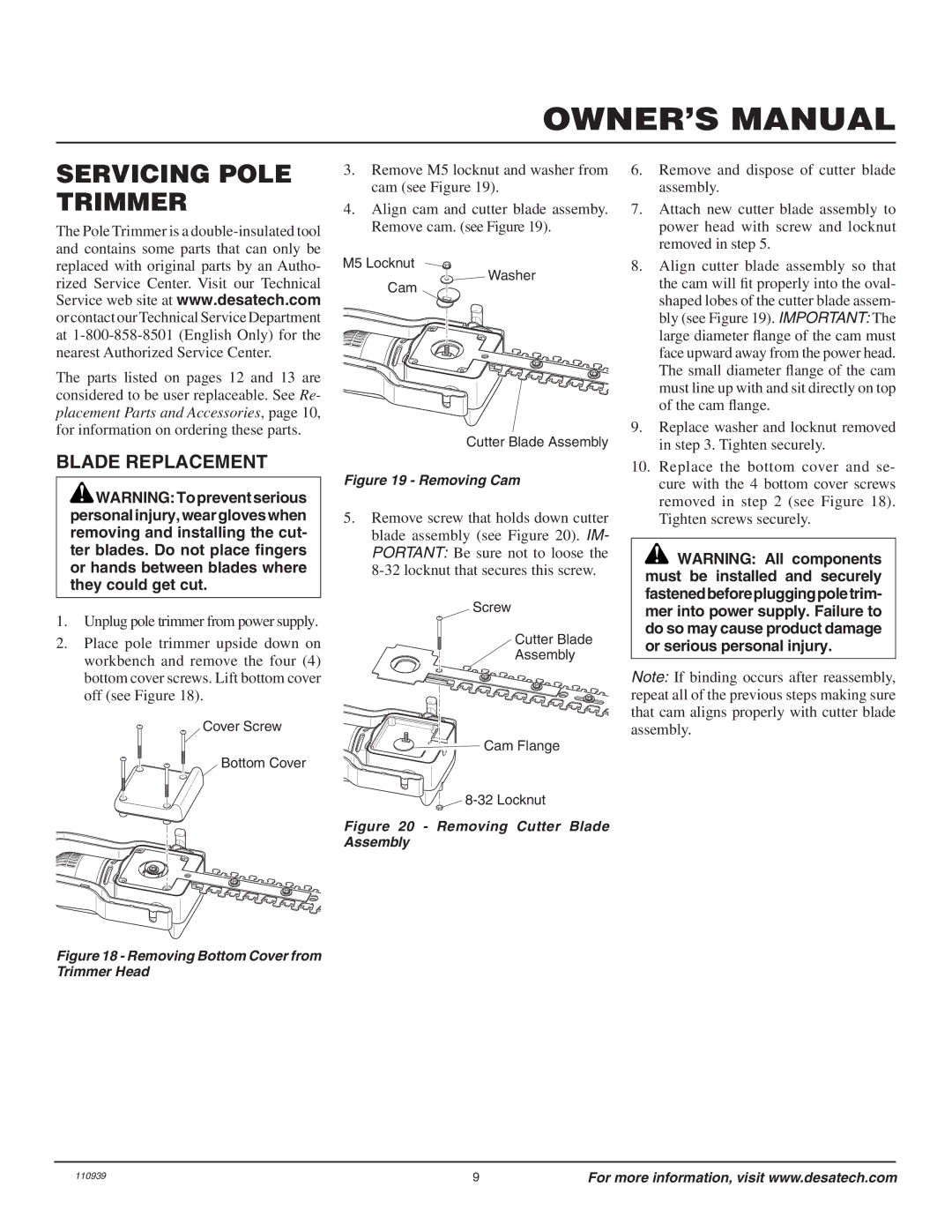 Desa 110946-01A owner manual Servicing Pole Trimmer, Blade Replacement 