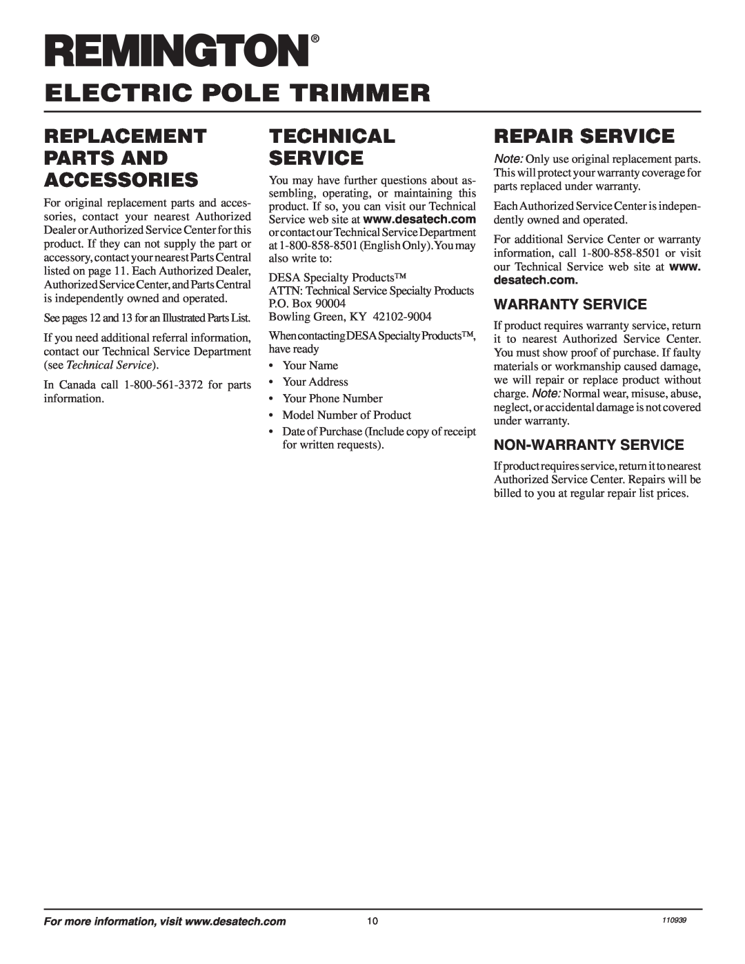 Desa 110946-01A owner manual Replacement Parts And Accessories, Technical Service, Repair Service, Warranty Service 